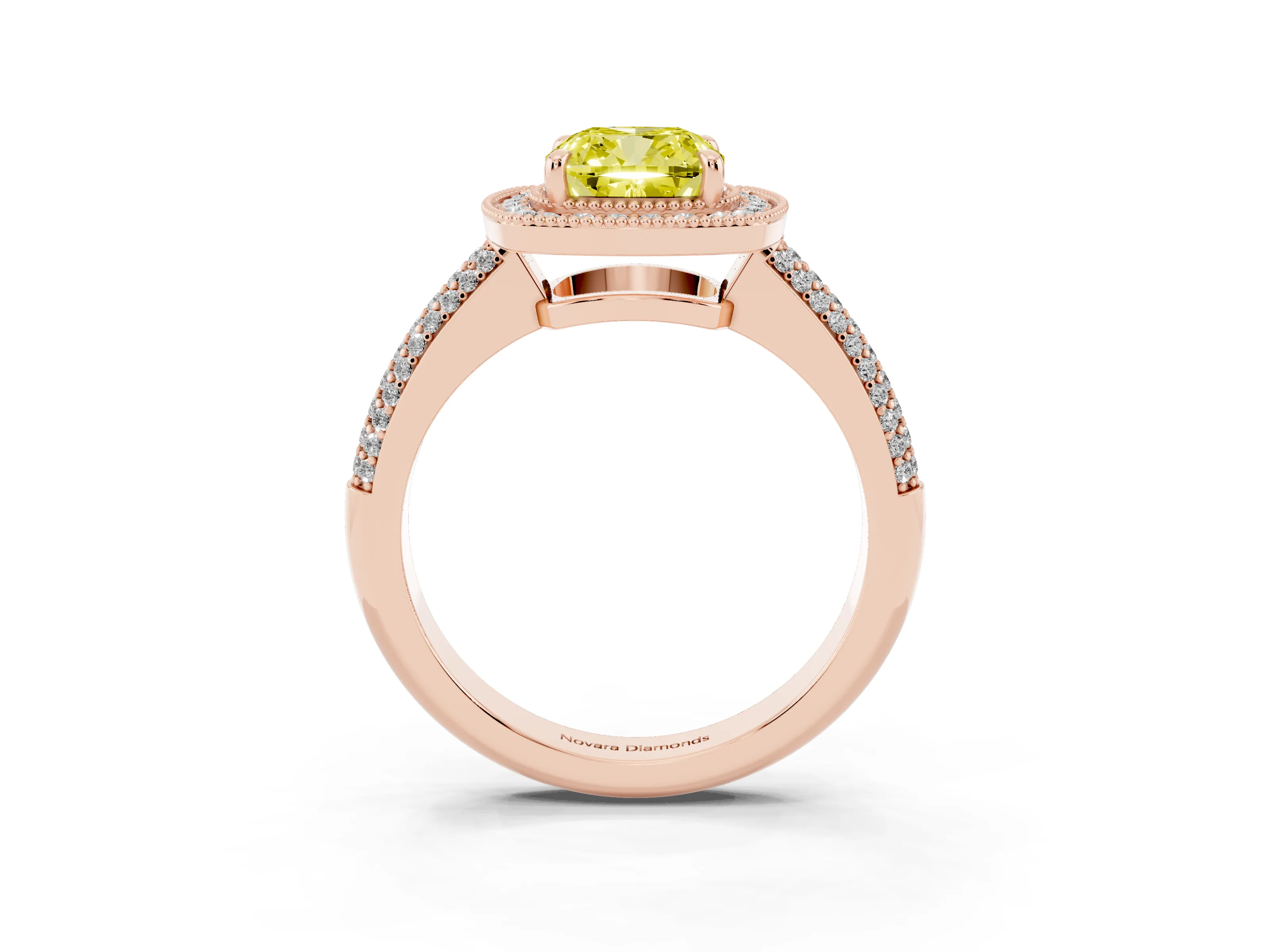 Fancy Yellow Cushion Cut Diamond Halo Pavé Band Set in Rose gold with Prong Setting