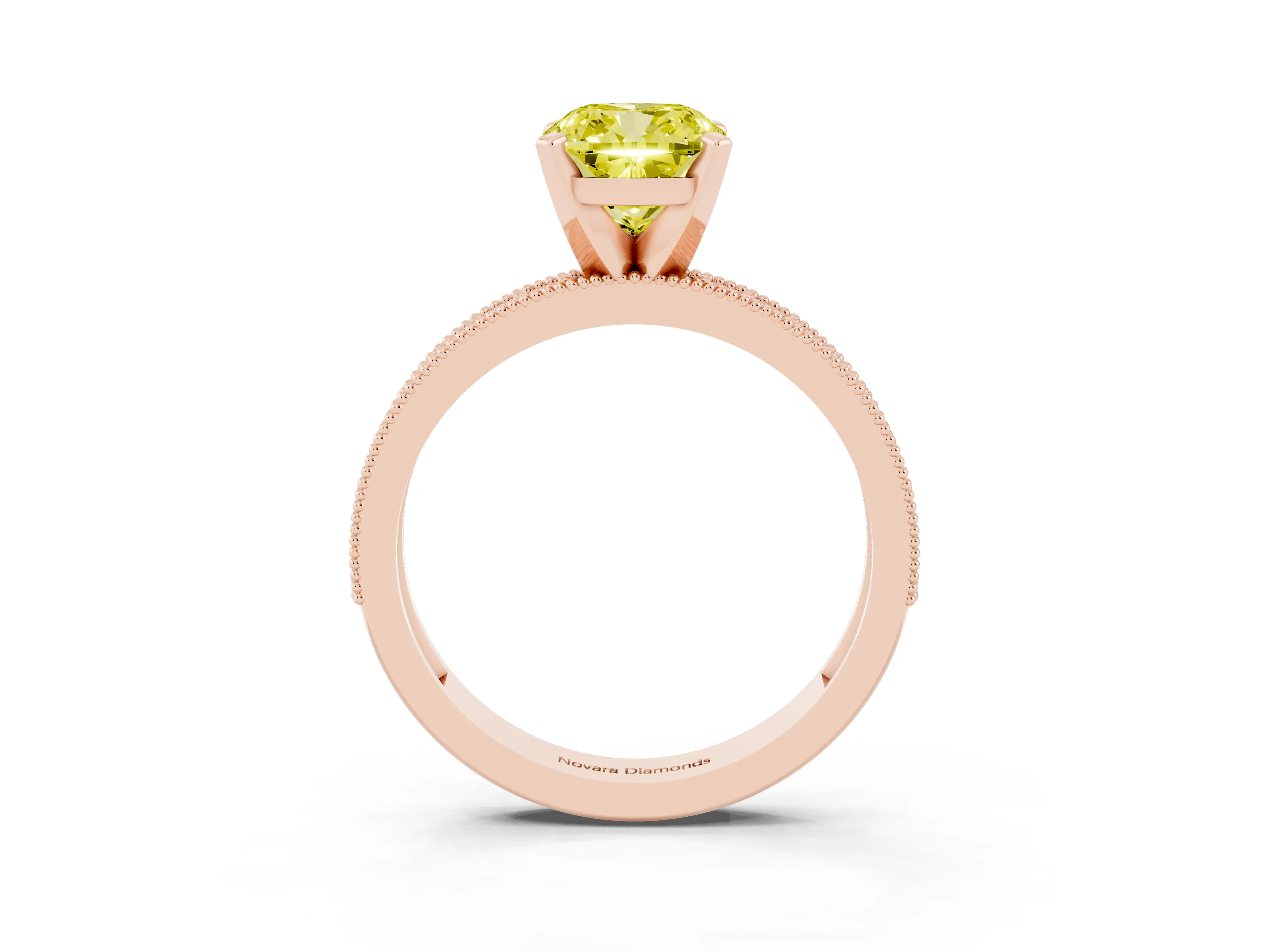 Fancy Yellow Cushion Cut Diamond Milgrain Pavé Engagement Ring Set in Rose gold with Prong Setting