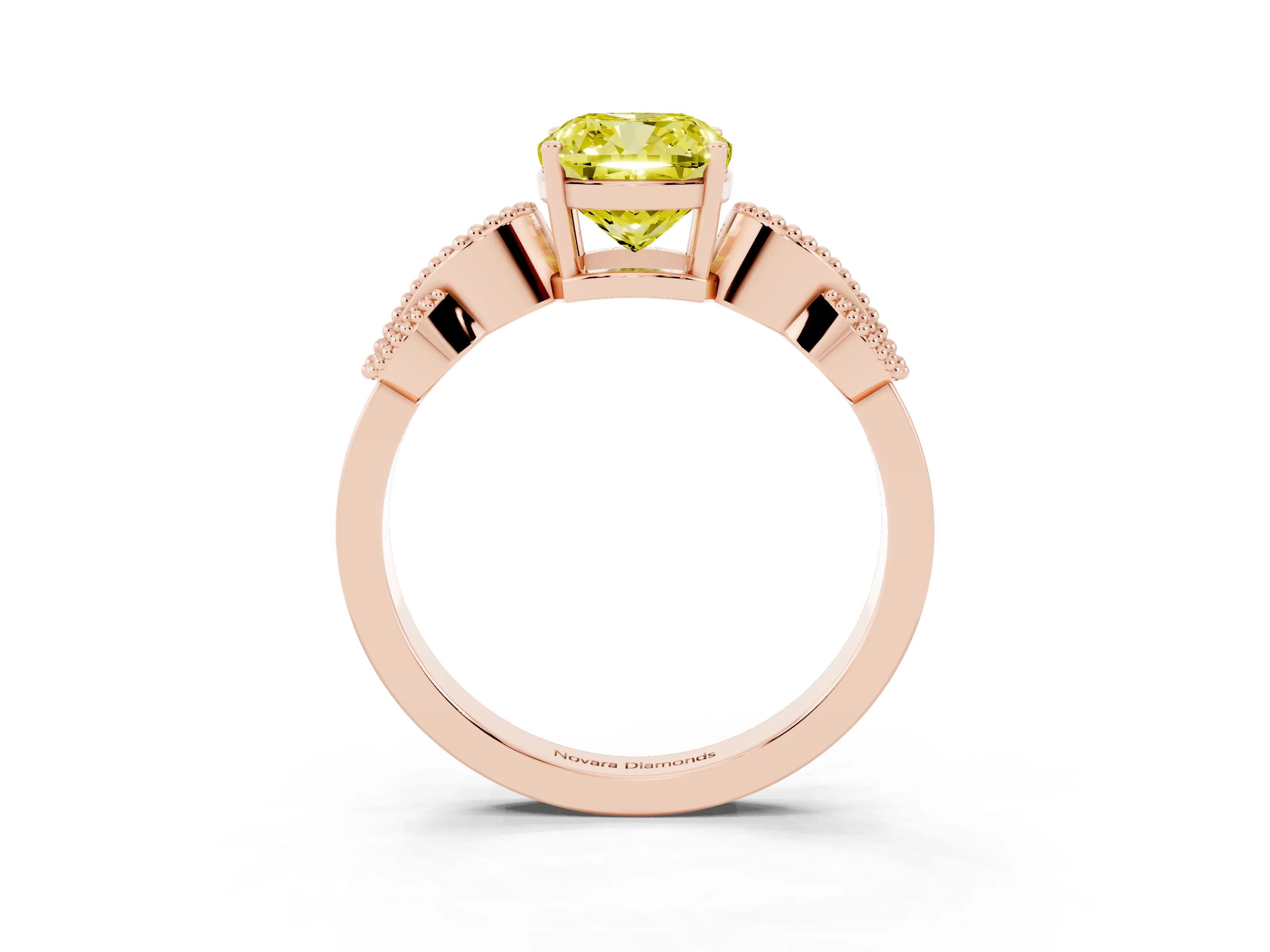 Fancy Yellow Cushion Cut Diamond Milgrain Leaf Band Solitaire Ring Set in Rose gold with Accent Stones and Prong Setting