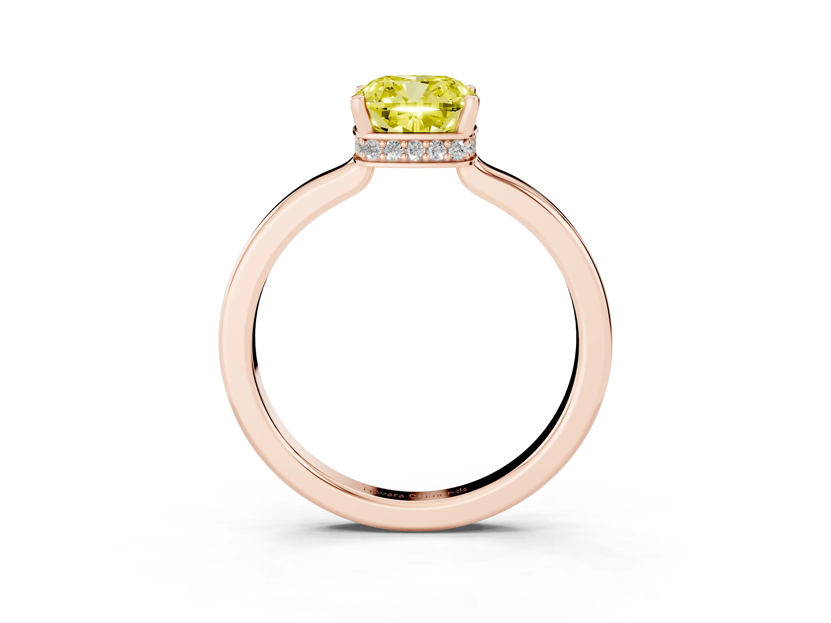 Fancy Yellow Cushion Cut Diamond Solitaire Engagement Ring Set in Rose gold with Prong Setting on a Plain Band