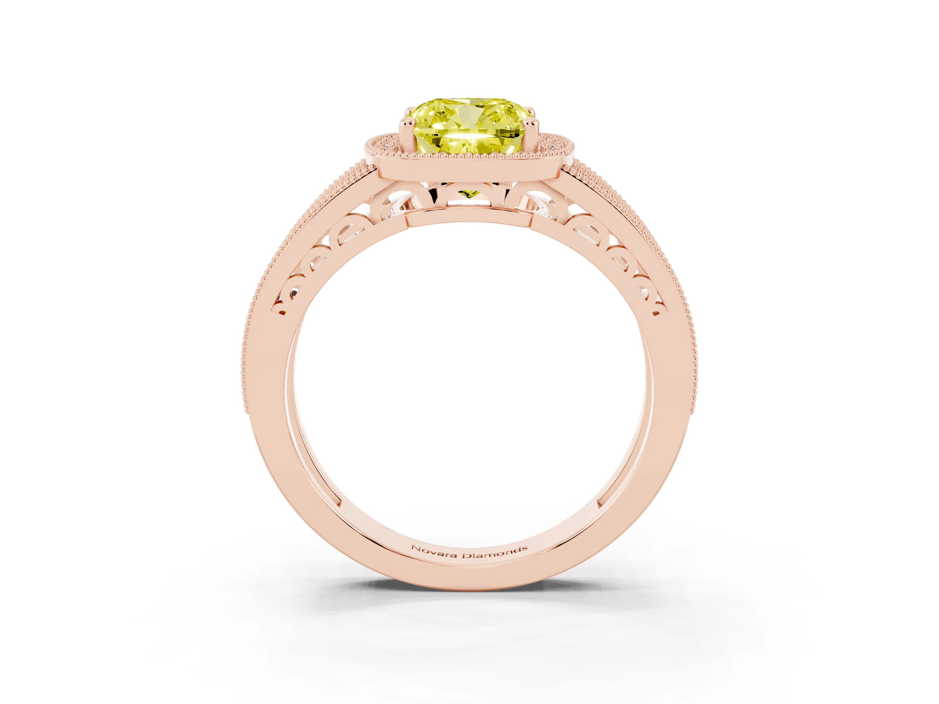 Fancy Yellow Cushion Cut Diamond Halo Ring Set in Rose gold with Accent Split Shank and Prong Setting