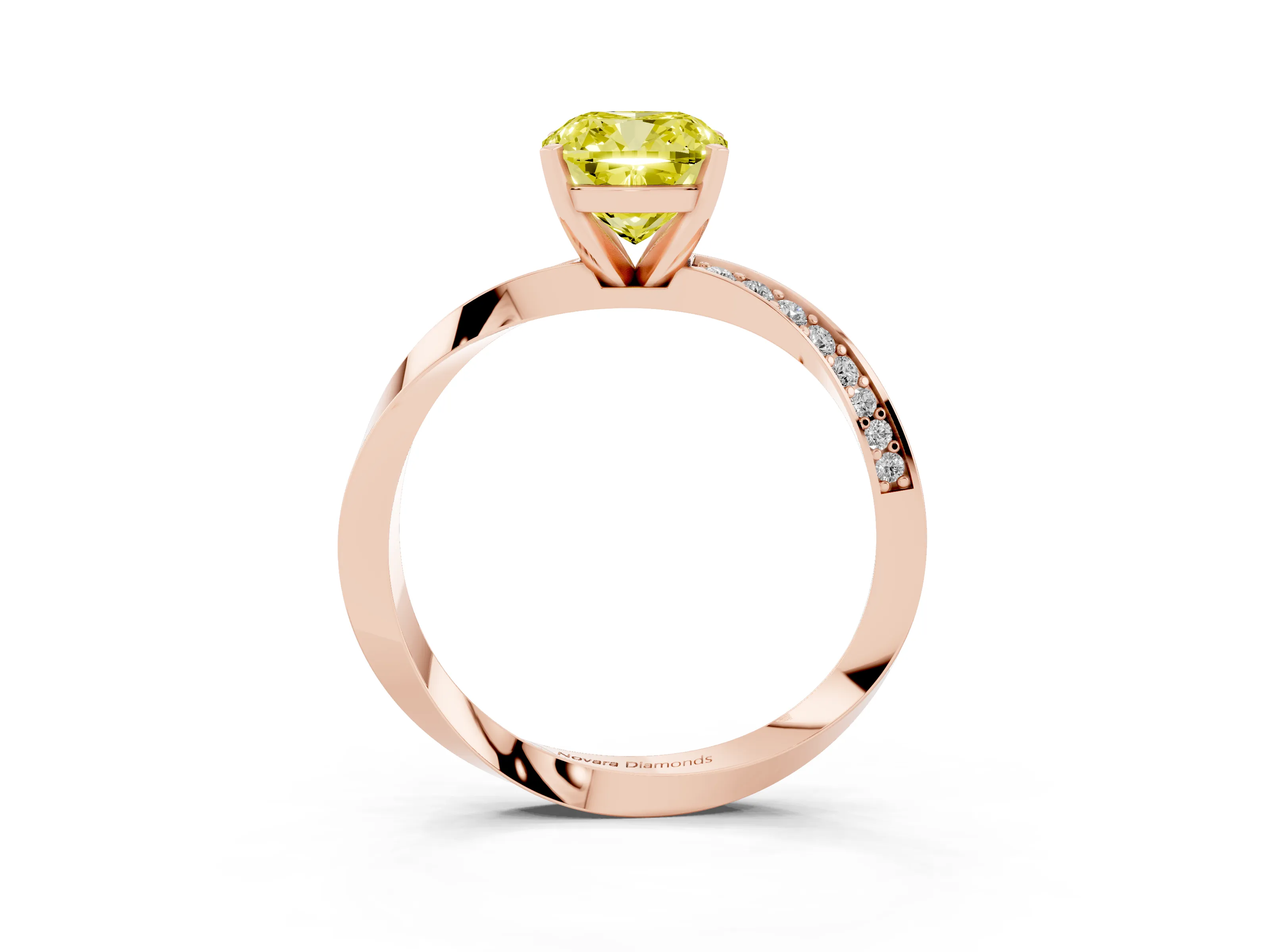 Fancy Yellow Cushion Cut Diamond Engagement Ring Set in Rose gold with Side Stone Accents and Prong Setting