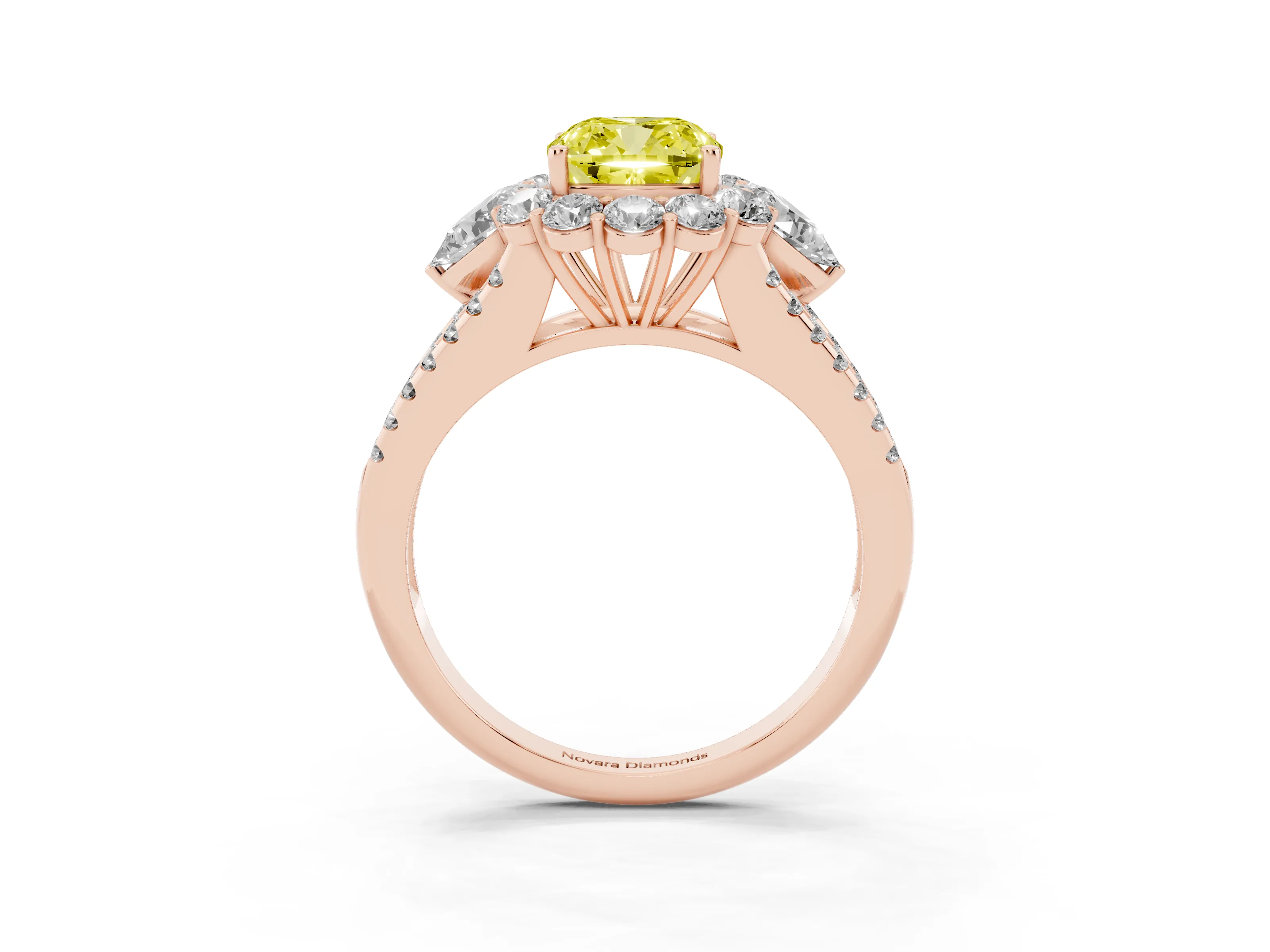Fancy Yellow Cushion Cut Diamond Halo Split Shank Engagement Ring Set in Rose gold with Prong-Held Center Stone