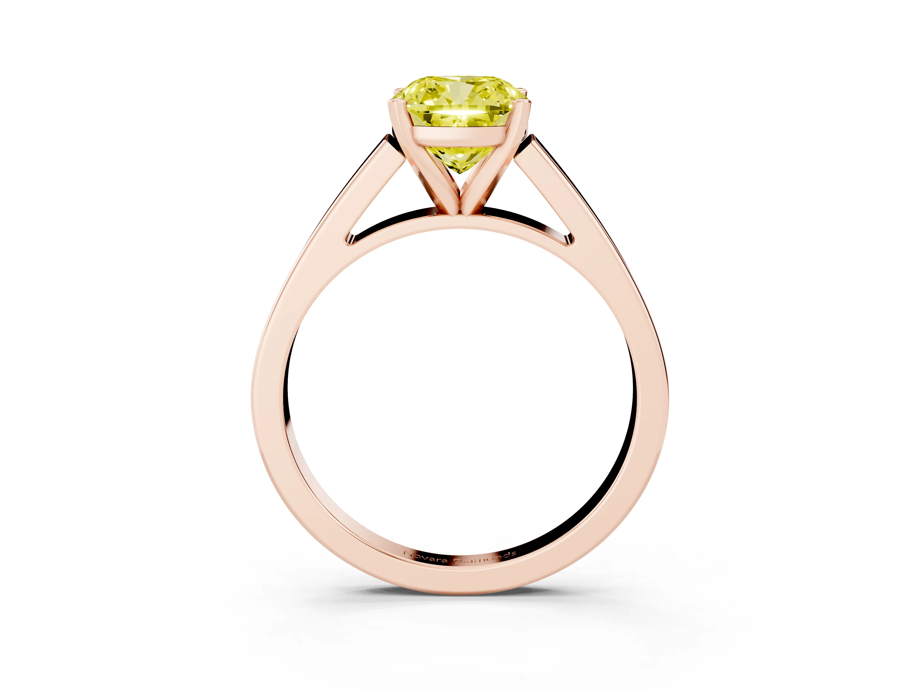 Fancy Yellow Cushion Cut Diamond Solitaire Engagement Ring Set in Rose gold with Prong Setting and Tapered Band