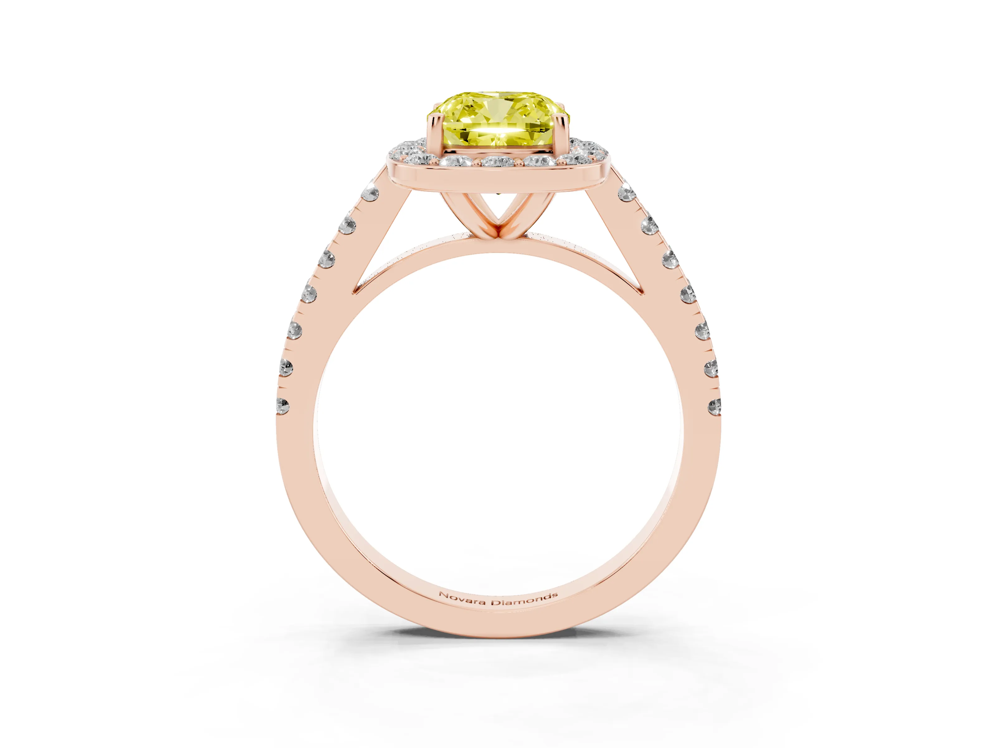 Fancy Yellow Cushion Cut Diamond Halo Ring Set in Rose gold with Round Pavé Split Shank and Prong Setting