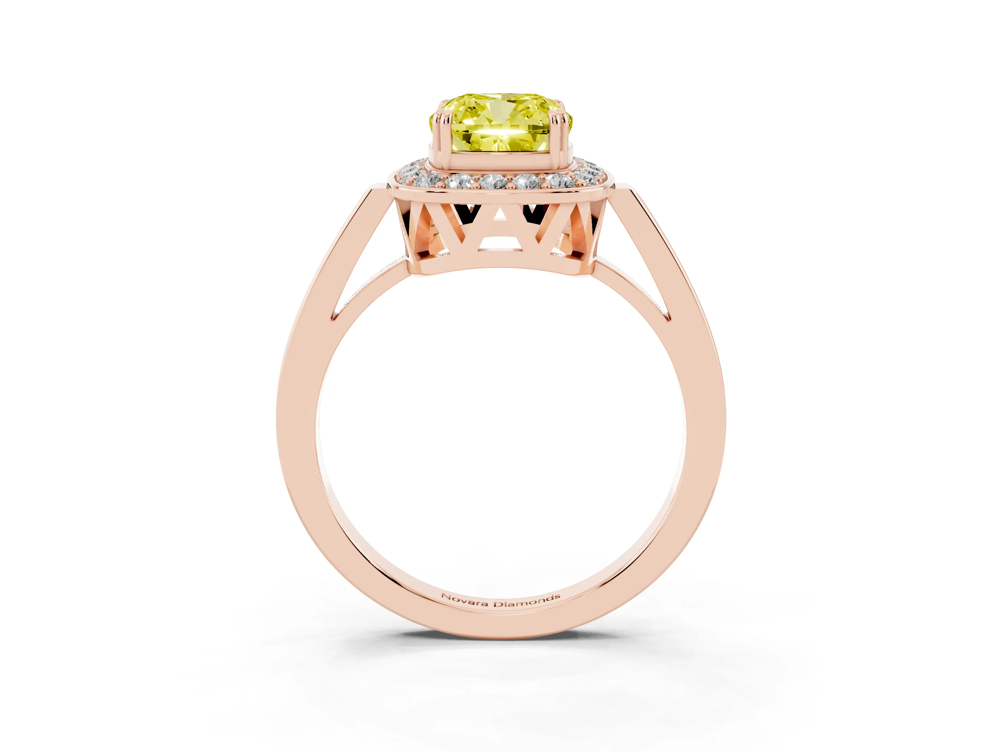 Fancy Yellow Cushion Cut Diamond Halo Ring Set in Rose gold with Accent-Lined Split Shank and Prong Setting
