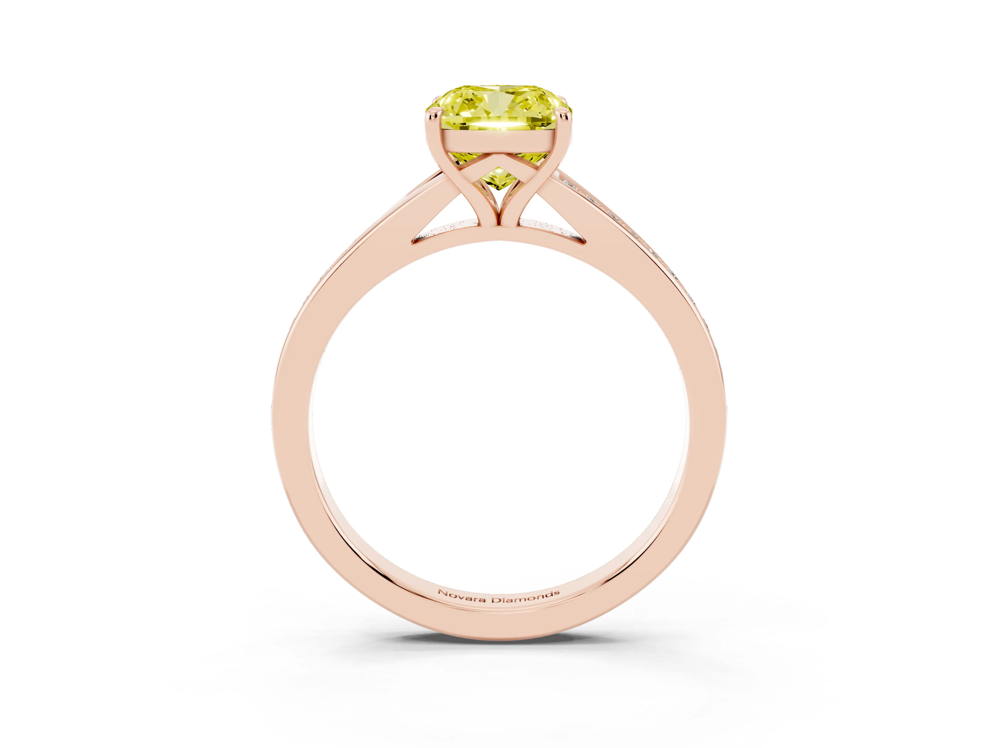 Fancy Yellow Cushion Cut Diamond Solitaire Ring Set in Rose gold with Pavé Accent Band and Classic Prong Setting