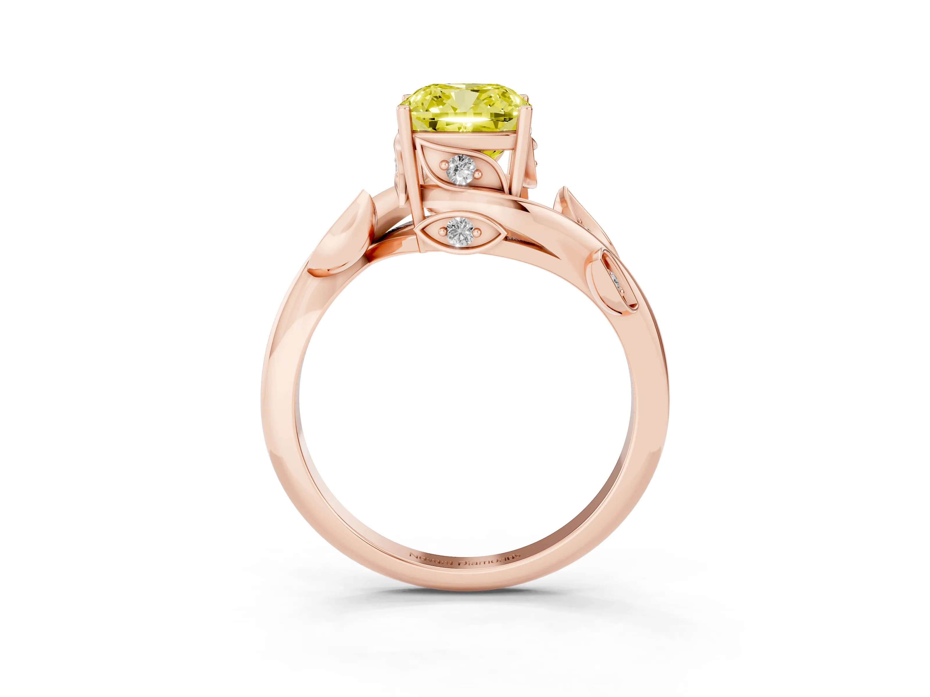 Fancy Yellow Cushion Cut Diamond Solitaire Twist Engagement Ring Set in Rose gold with Pavé Leaf Accents