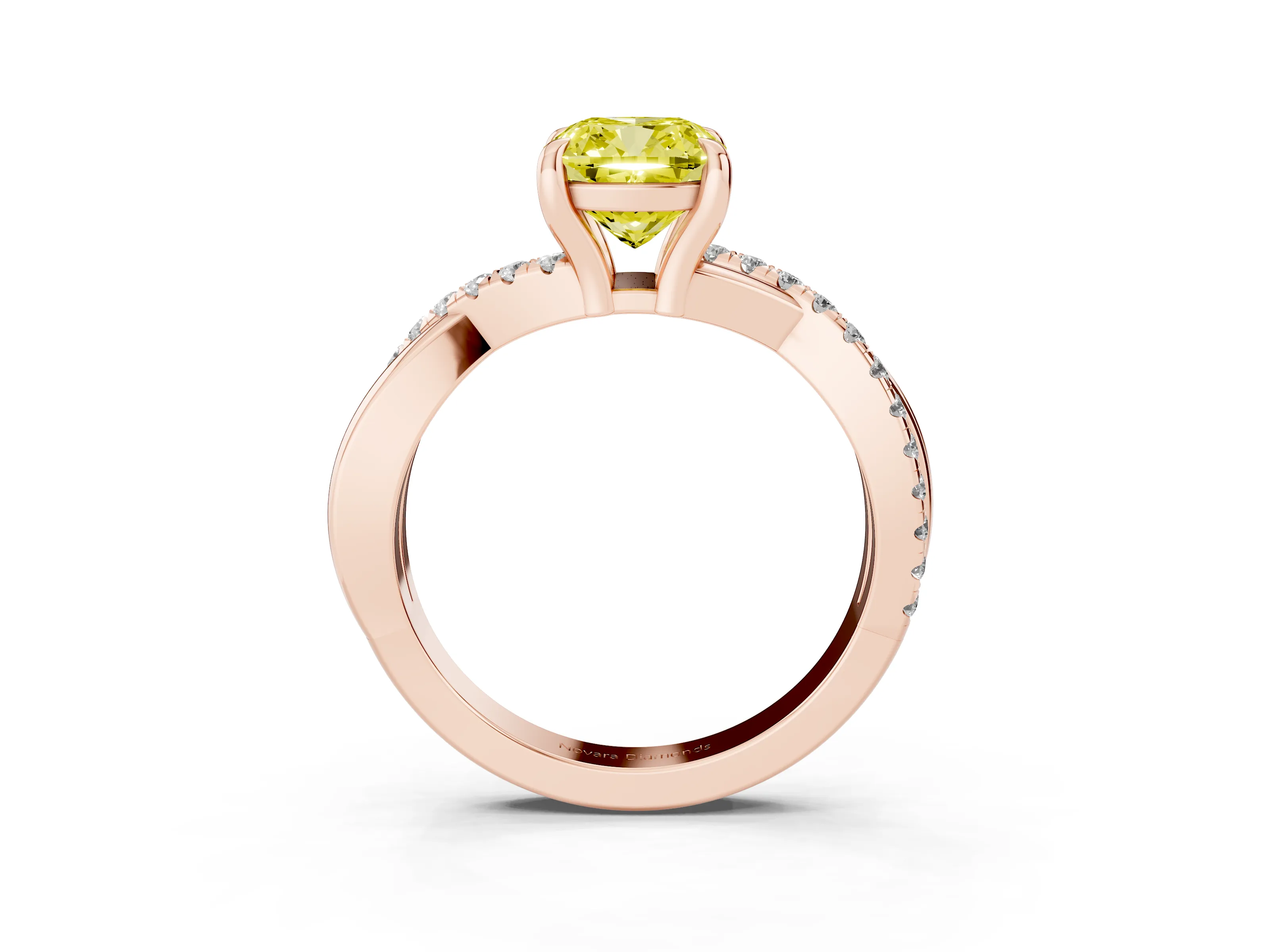Fancy Yellow Cushion Cut Diamond Twist Band Pavé Solitaire Ring Set in Rose gold with Prong Setting