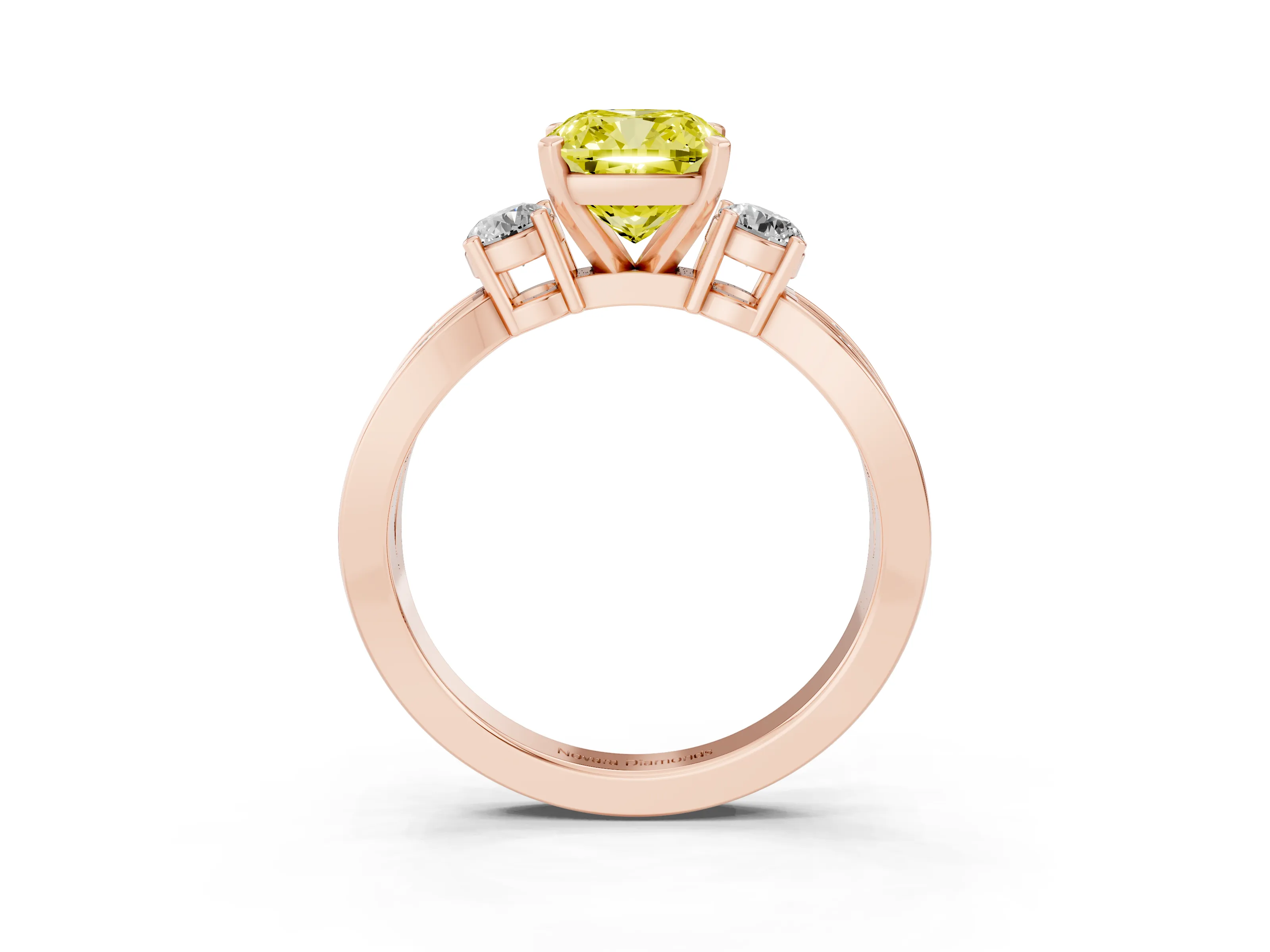 Fancy Yellow Three-Stone Cushion Cut Diamond Twist Band Ring Set in Rose gold with Pavé Accents and Prong Setting