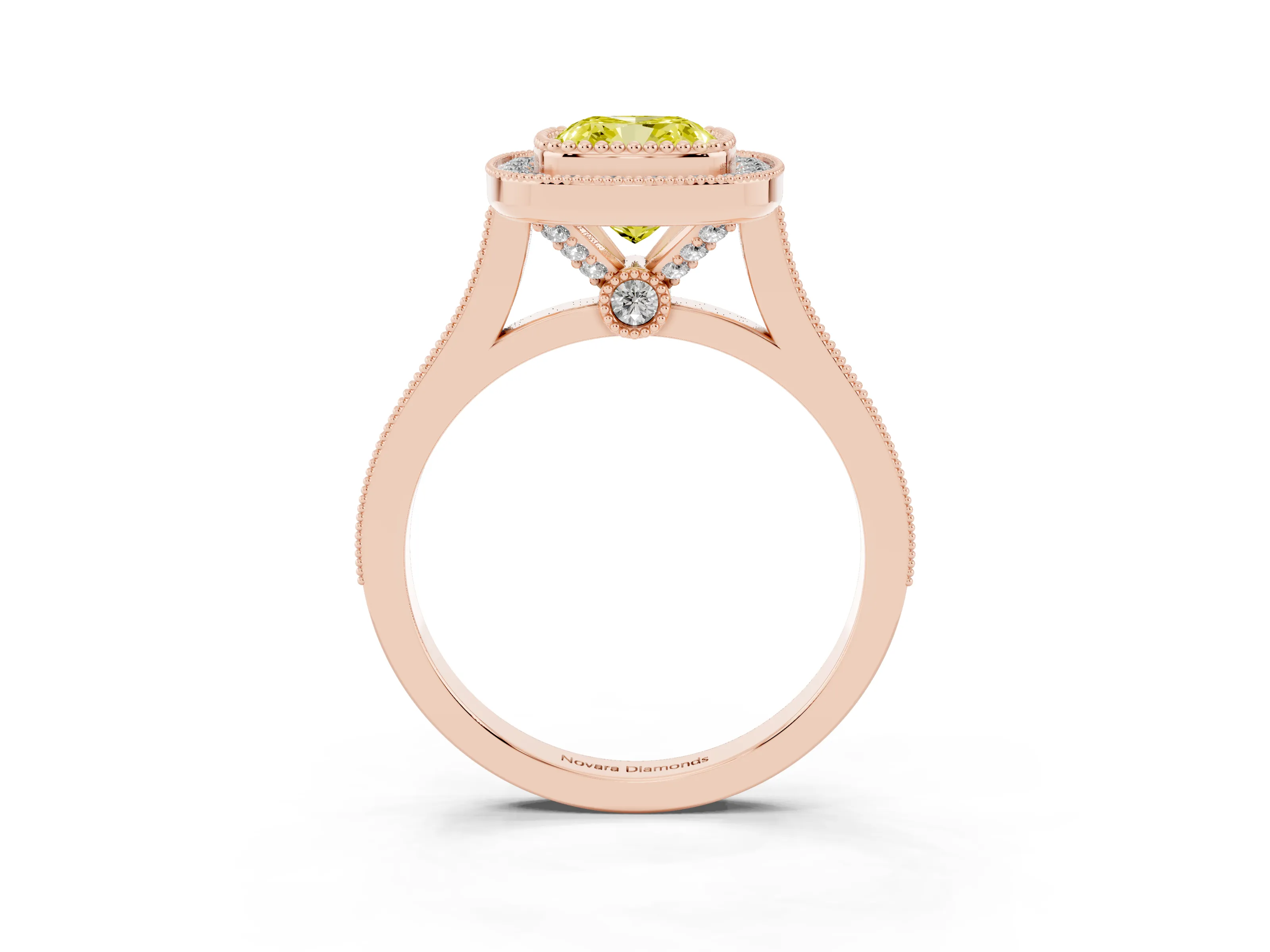 Fancy Yellow Cushion Cut Diamond Halo Ring Set in Rose gold with Milgrain Frame and Pavé Band