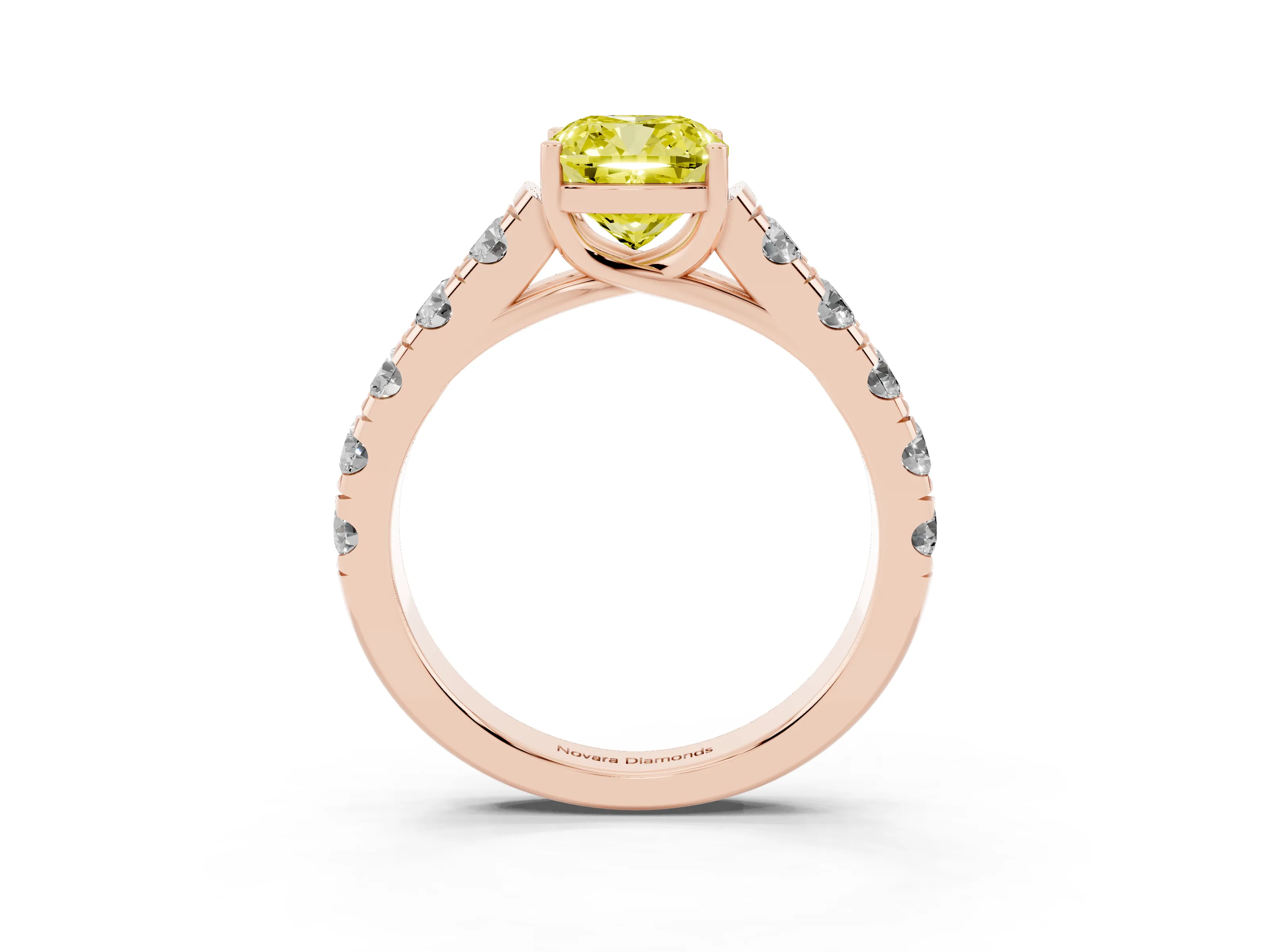 Fancy Yellow Cushion Cut Diamond Solitaire Ring Set in Rose gold with Cut-Down Micro Pavé Band and Prong Setting