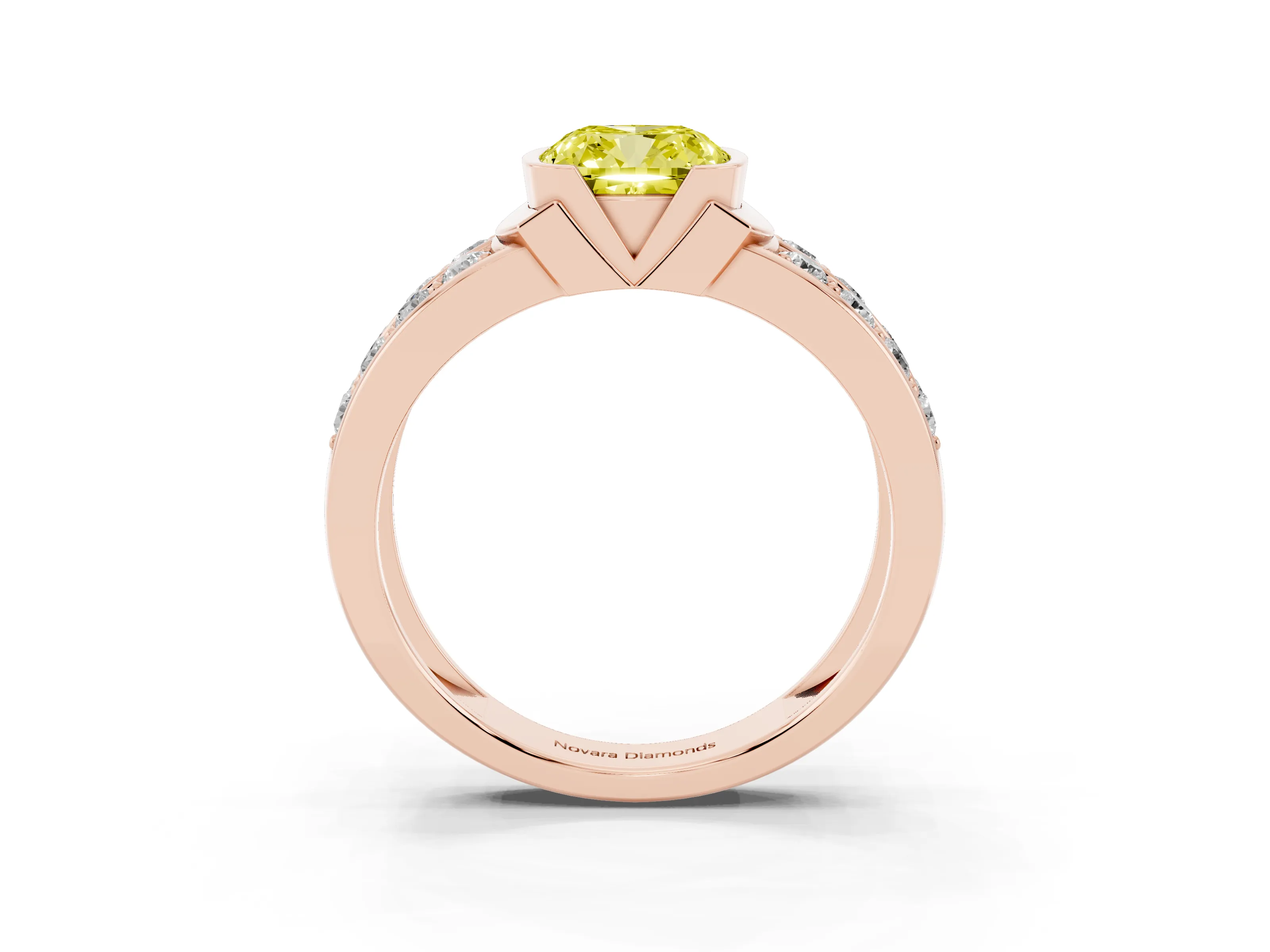 Fancy Yellow Cushion Cut Diamond Wide Channel Set Band Ring Set in Rose gold with Bezel Setting