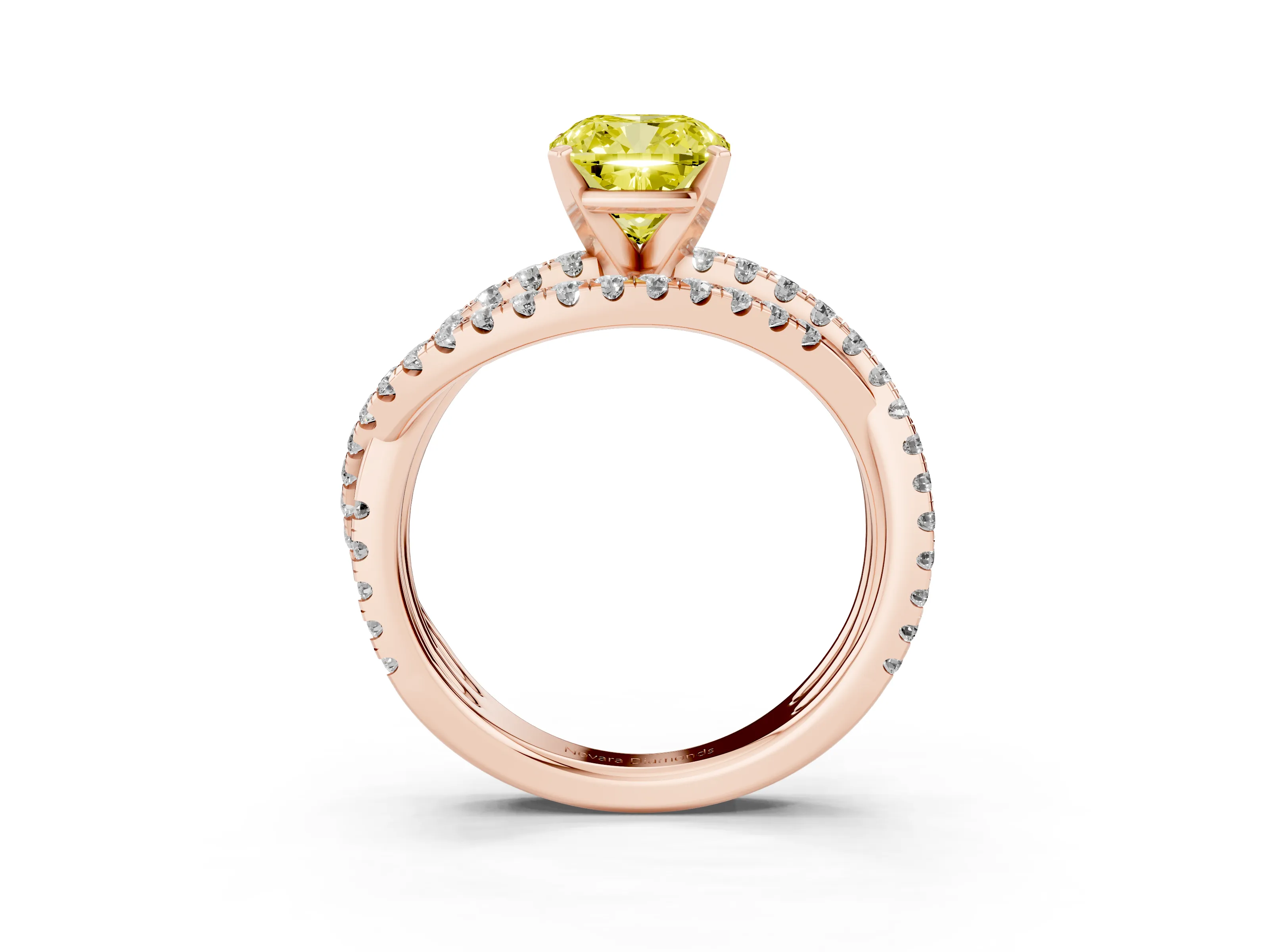 Fancy Yellow Cushion Cut Diamond Solitaire Twist Band Ring Set in Rose gold with Pavé Setting and Prong Head