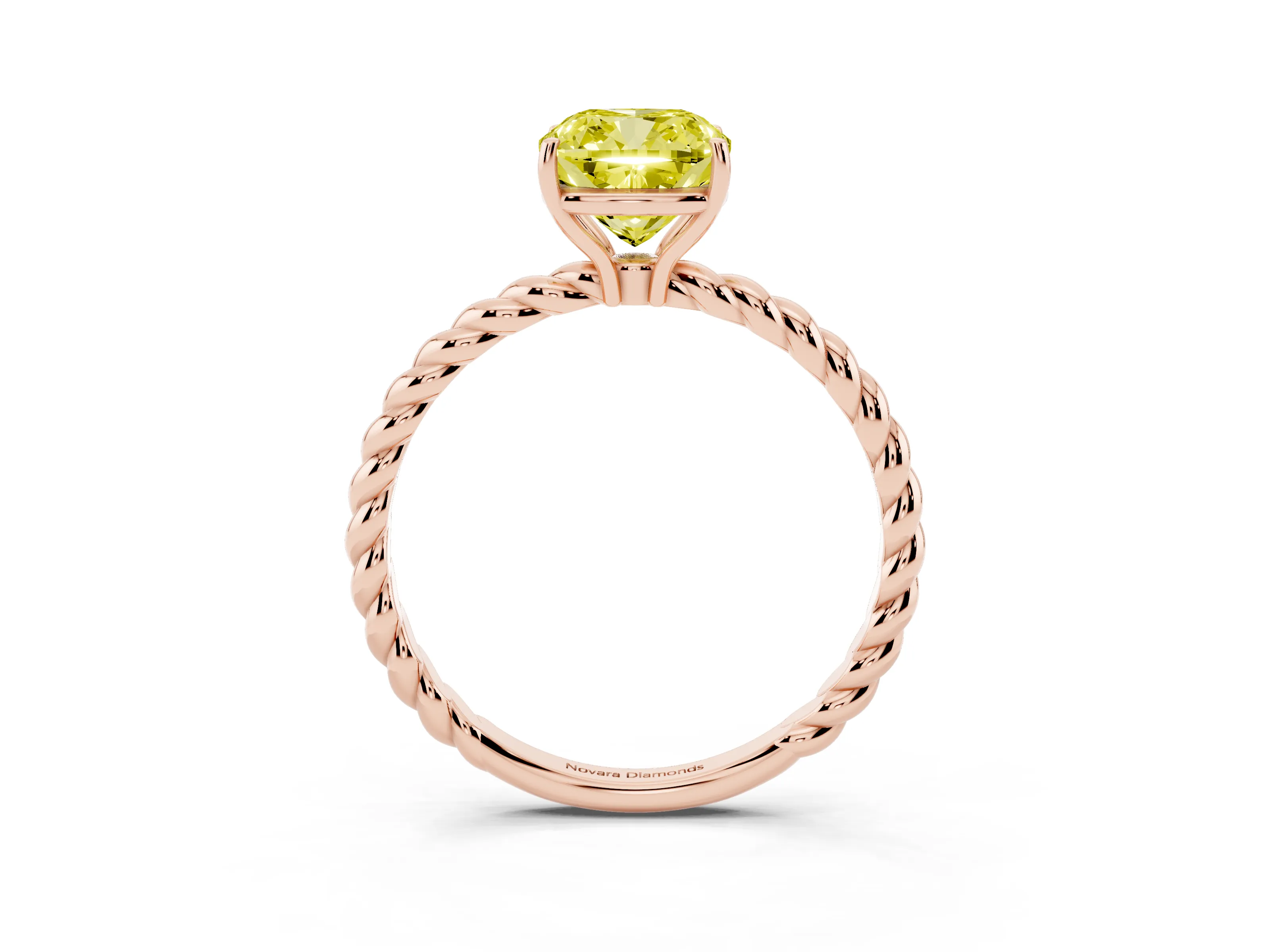 Fancy Yellow Cushion Cut Diamond Solitaire Ring Set in Rose gold with Twist Band and Prong Setting