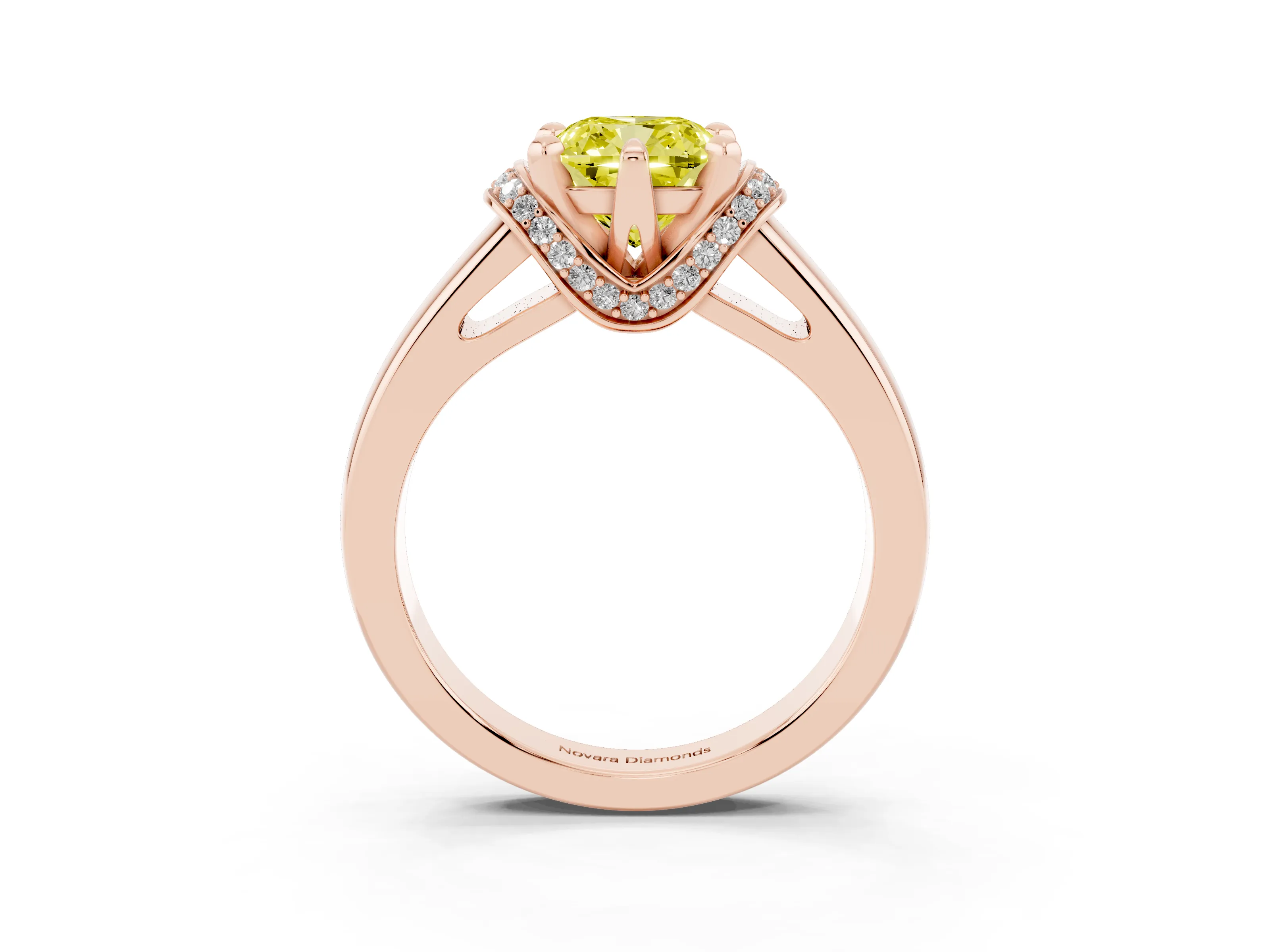 Fancy Yellow Cushion Cut Diamond Pavé Band Solitaire Ring Set in Rose gold with Prong Setting