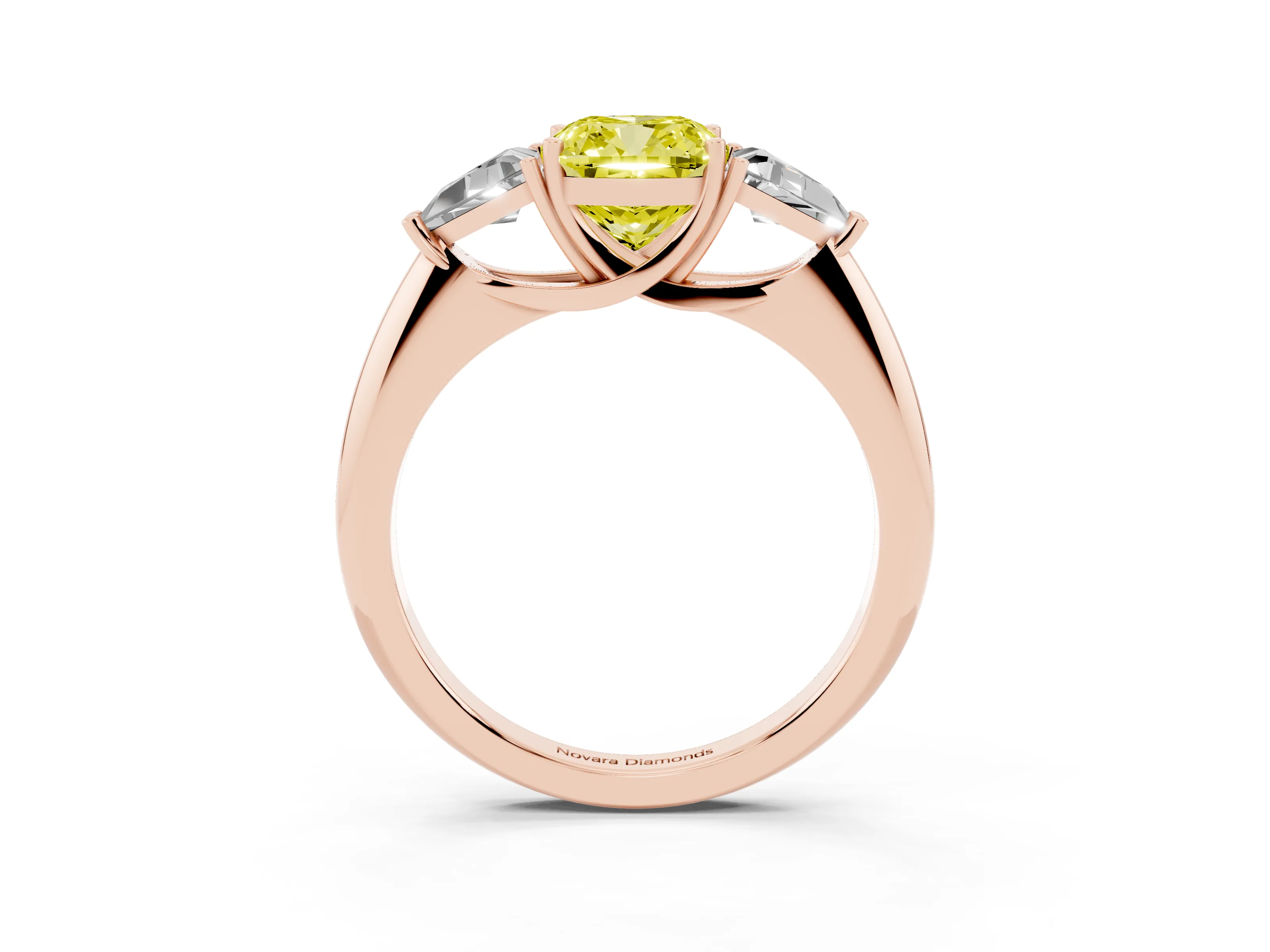 Fancy Yellow Cushion Cut Diamond Three-Stone Engagement Ring Set in Rose gold with Trillion Side Stones