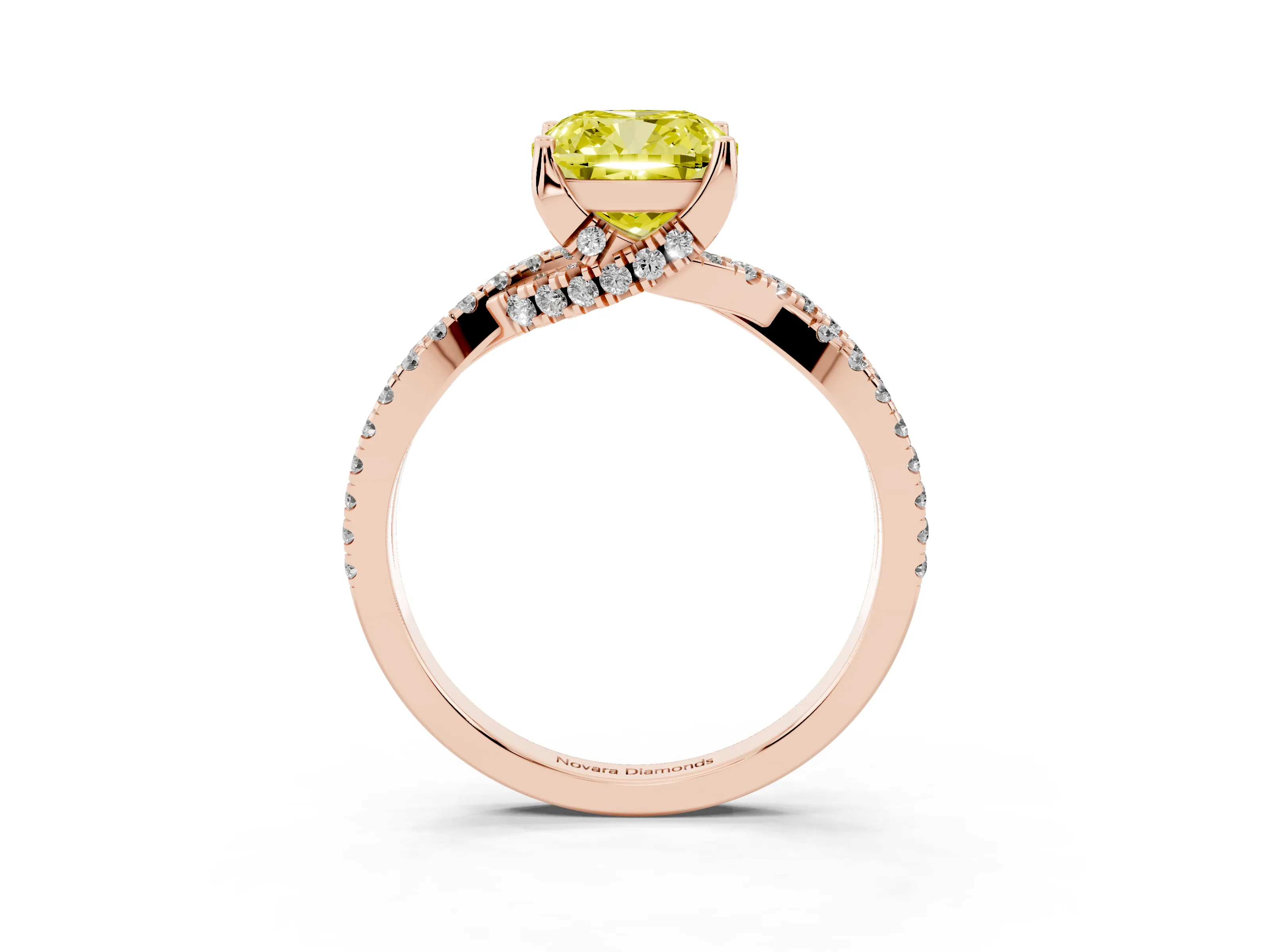 Fancy Yellow Cushion Cut Diamond Twist Pavé Solitaire Engagement Ring Set in Rose gold with Prong Setting
