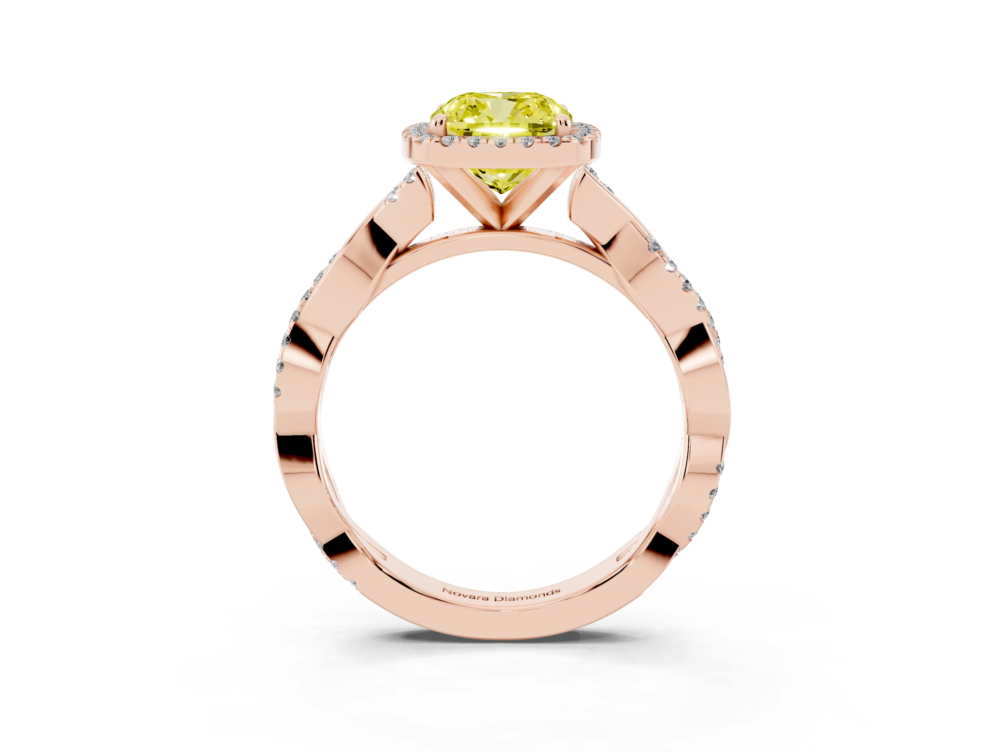 Fancy Yellow Cushion Cut Diamond Halo Twisted Band Ring Set in Rose gold with Prong Setting