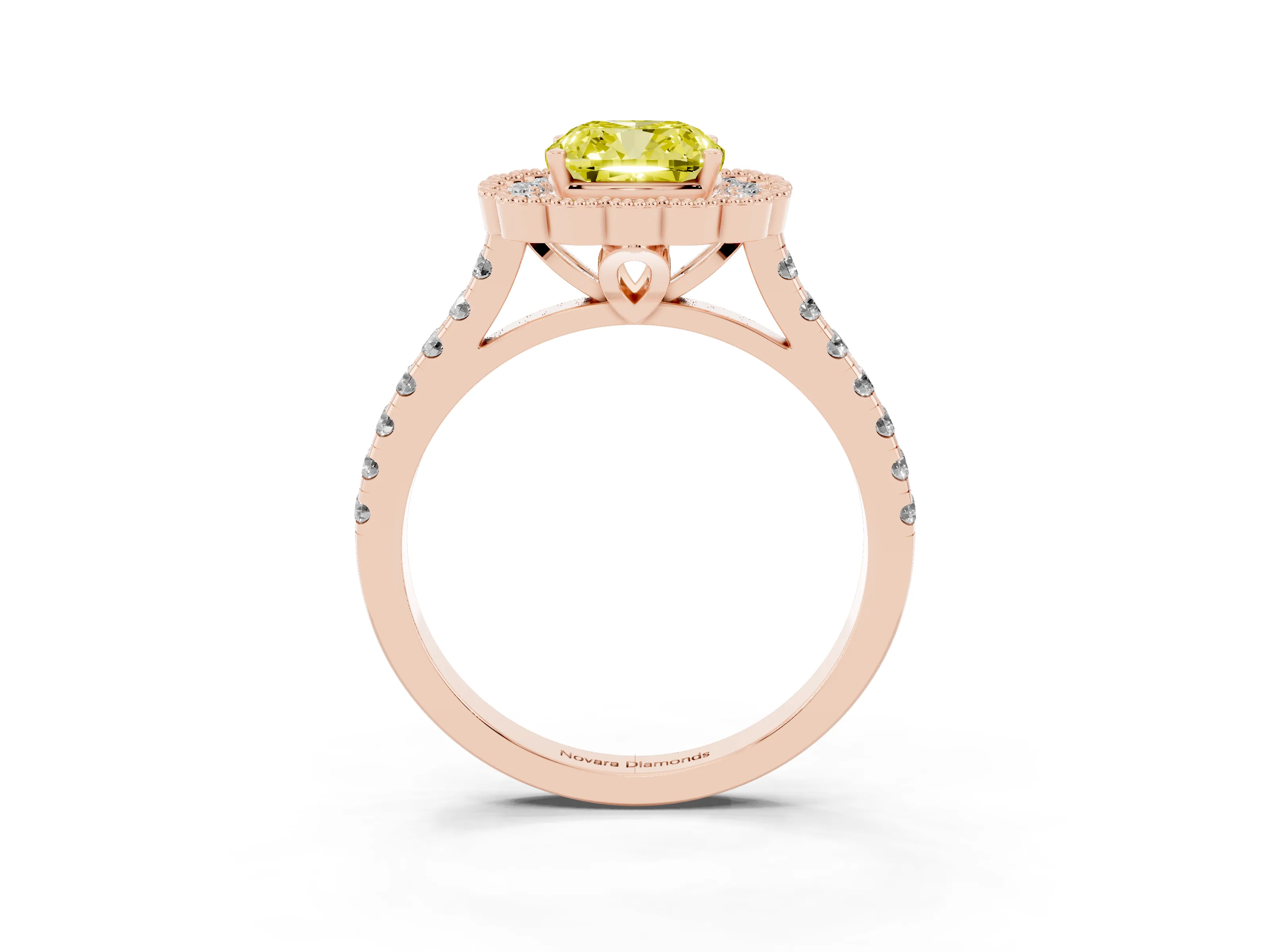 Fancy Yellow Cushion Cut Diamond Milgrain Floral Halo Engagement Ring Set in Rose gold with Pavé Band