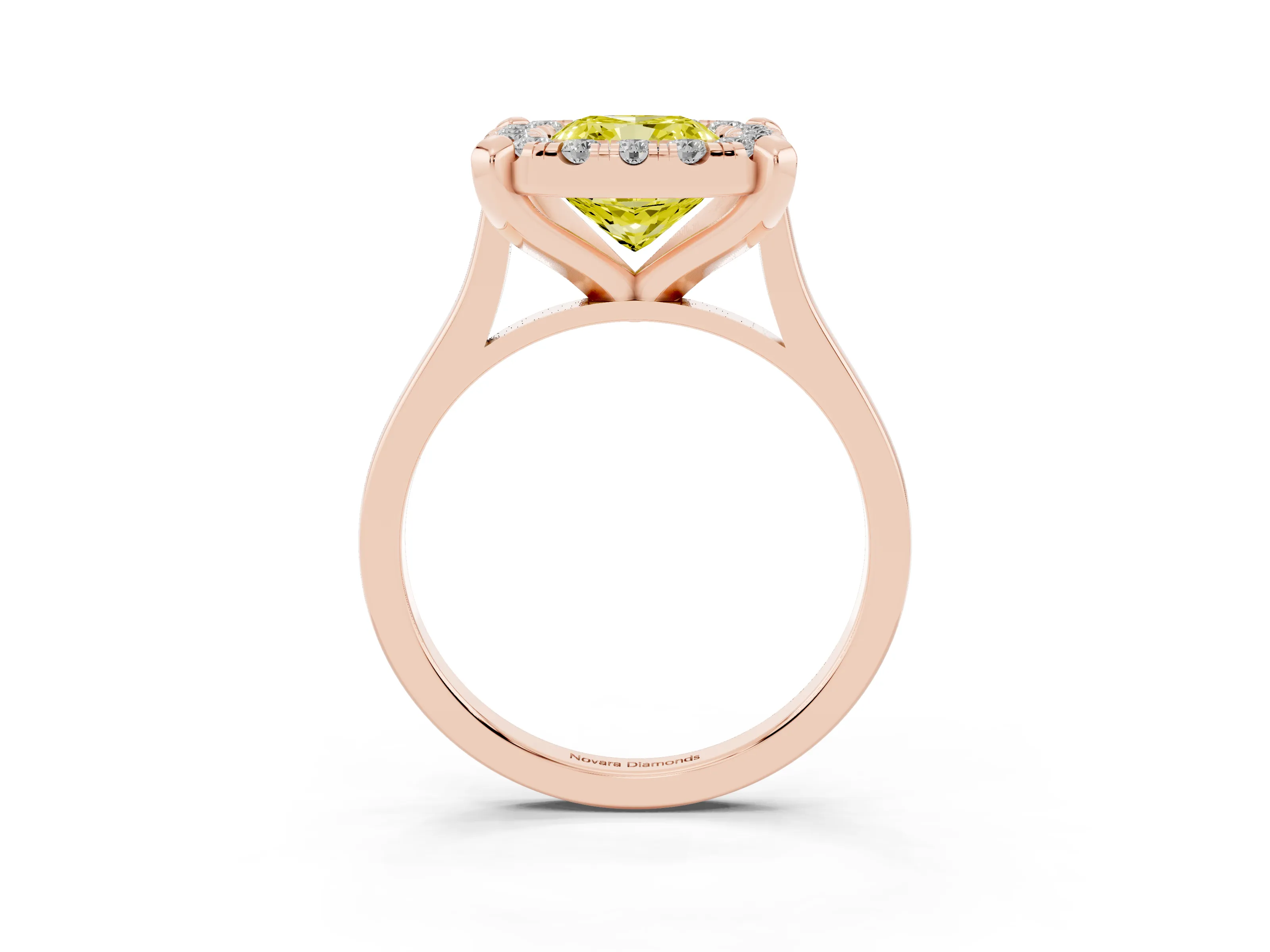 Fancy Yellow Cushion Cut Diamond Cluster Halo Solitaire Ring Set in Rose gold with Prong Setting
