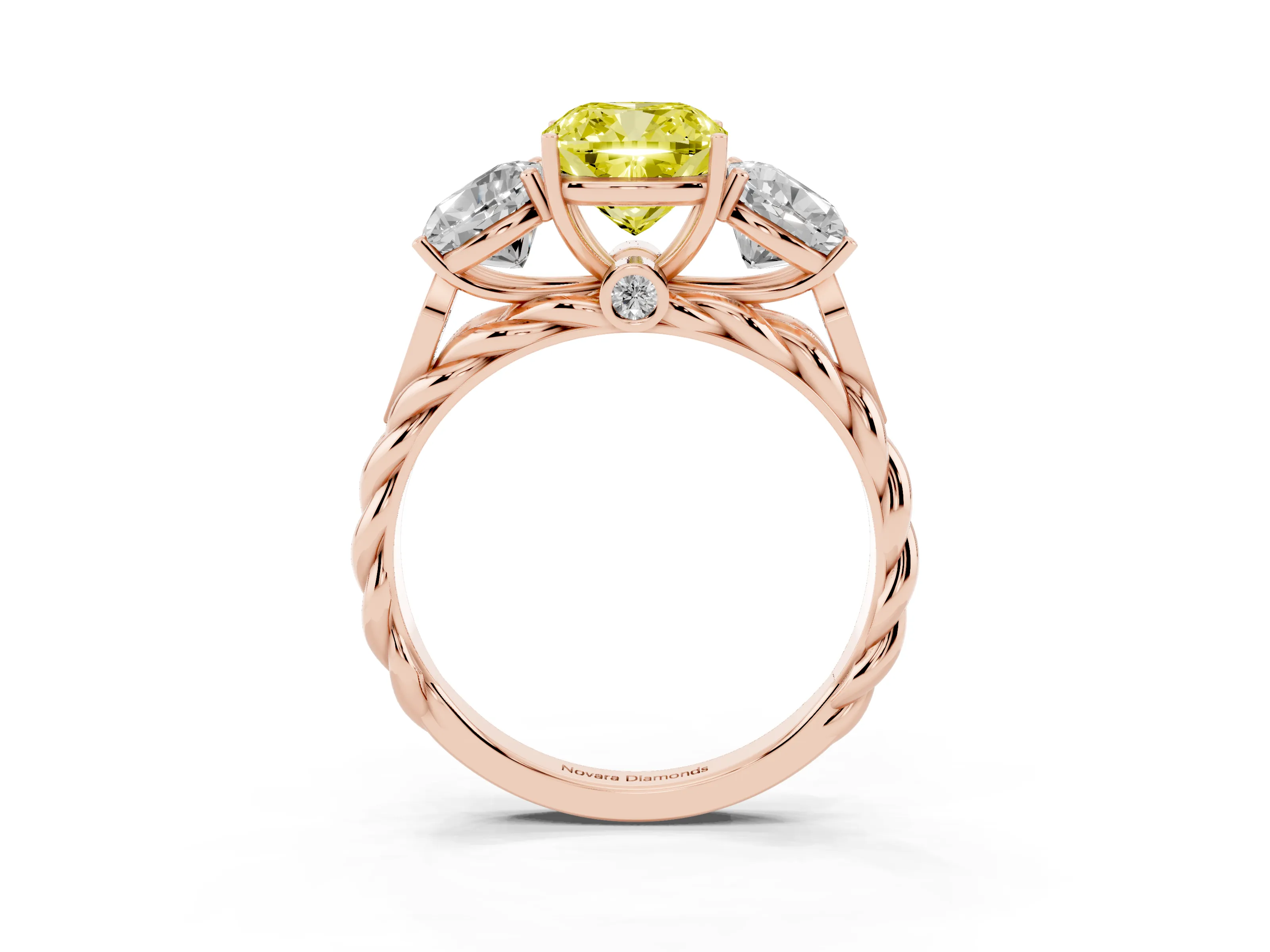 Fancy Yellow Cushion Cut Diamond Three-Stone Ring Set in Rose gold with Braided Band