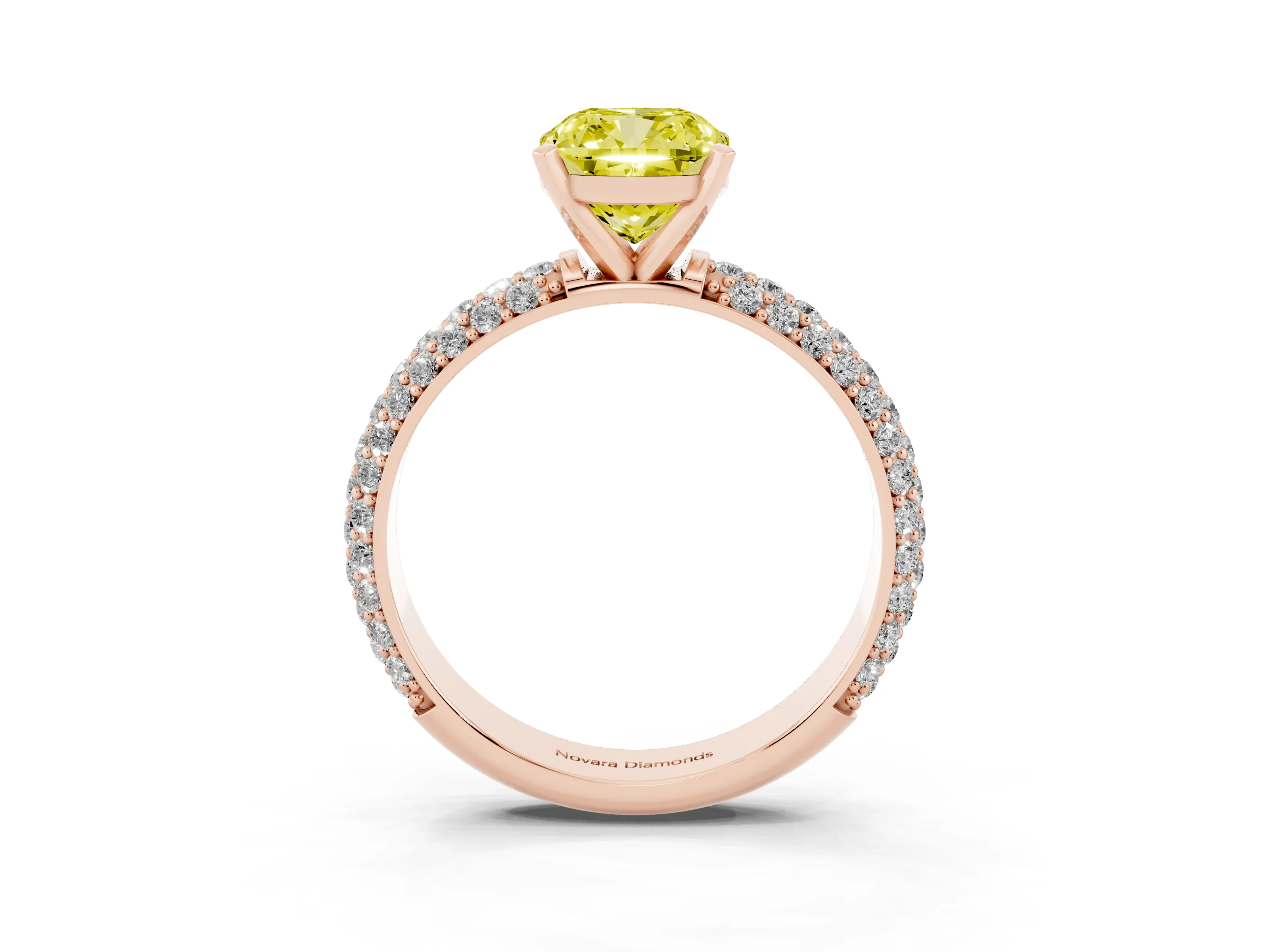 Fancy Yellow Cushion Cut Diamond Solitaire Ring Set in Rose gold with Prong Setting and Pavé-Set Band