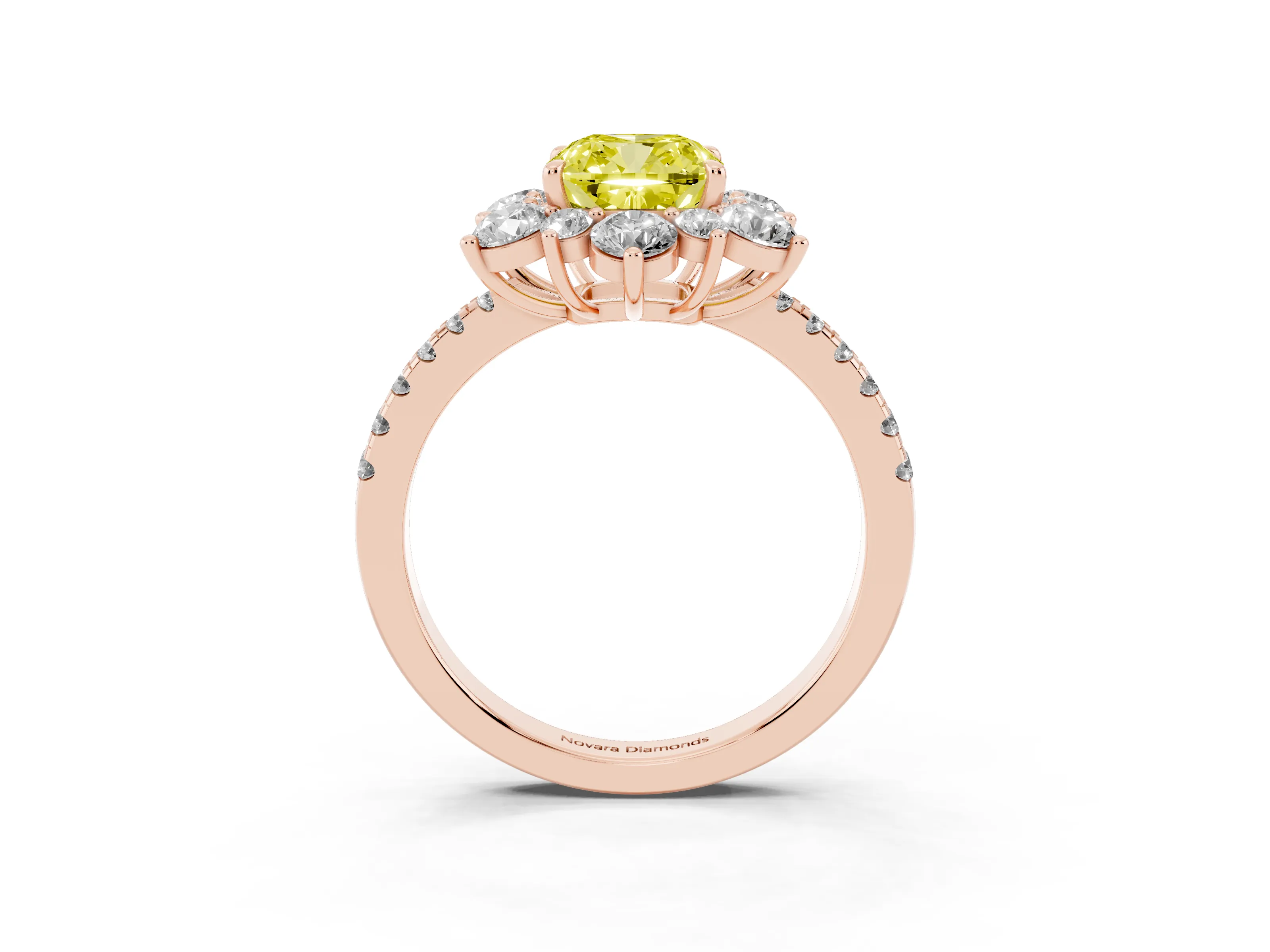 Fancy Yellow Cushion Cut Diamond Floral Halo Ring Set in Rose gold with Round Pavé Band and Prong Setting