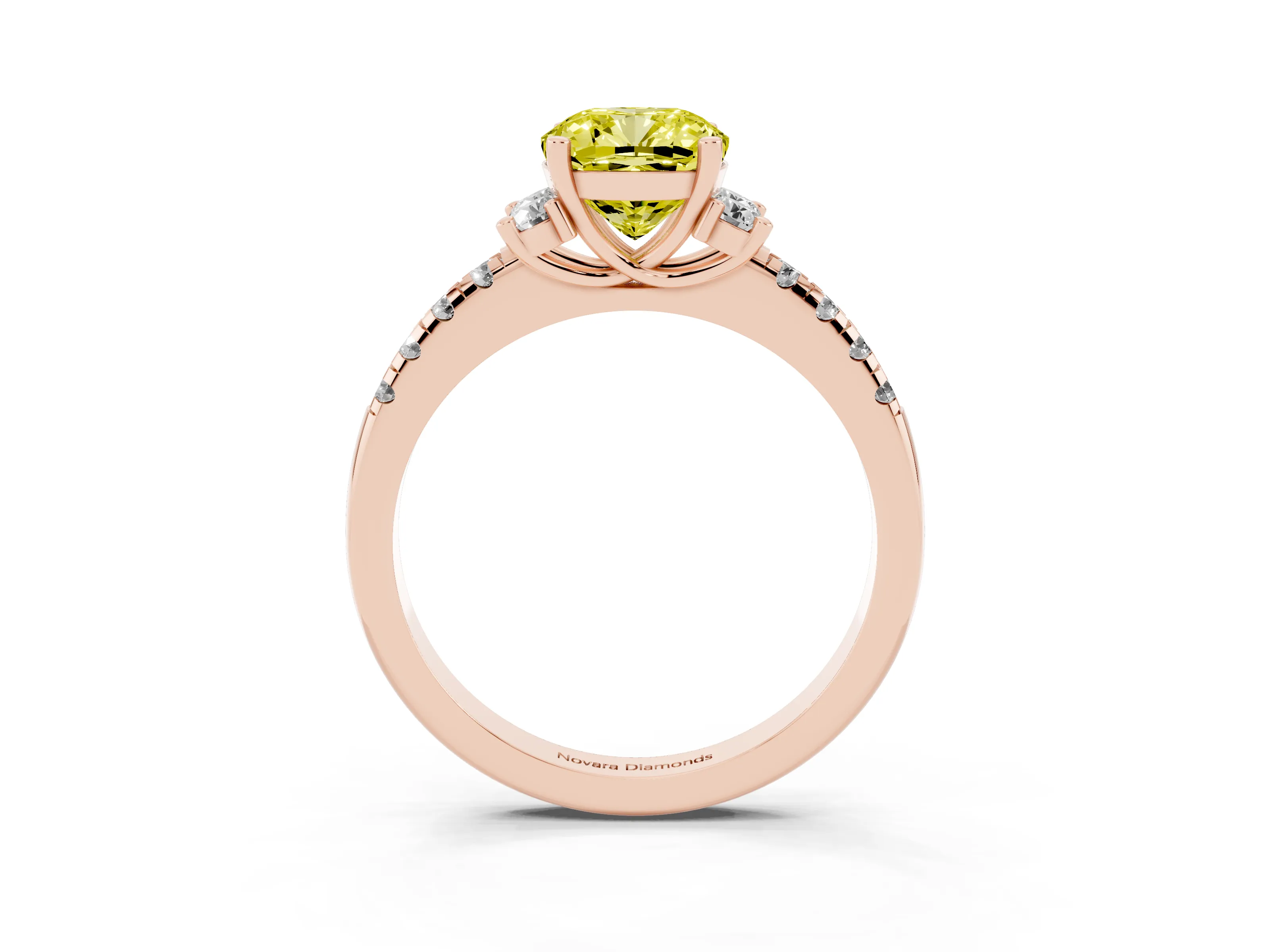 Fancy Yellow Cushion Cut Diamond Three-Stone Pavé Ring Set in Rose gold with Prong Setting