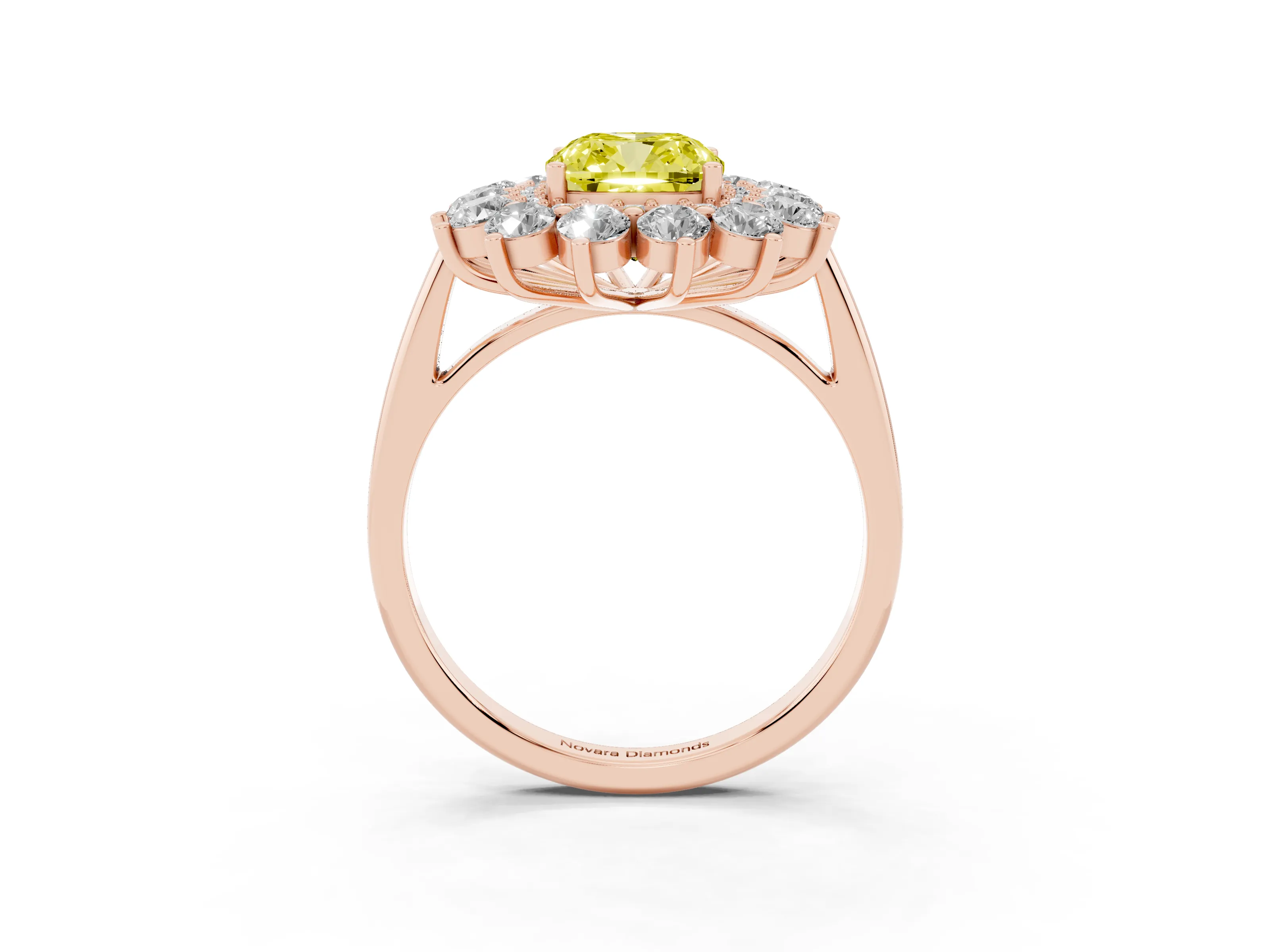 Fancy Yellow Cushion Cut Diamond Floral Double Halo Ring Set in Rose gold with Round Petals