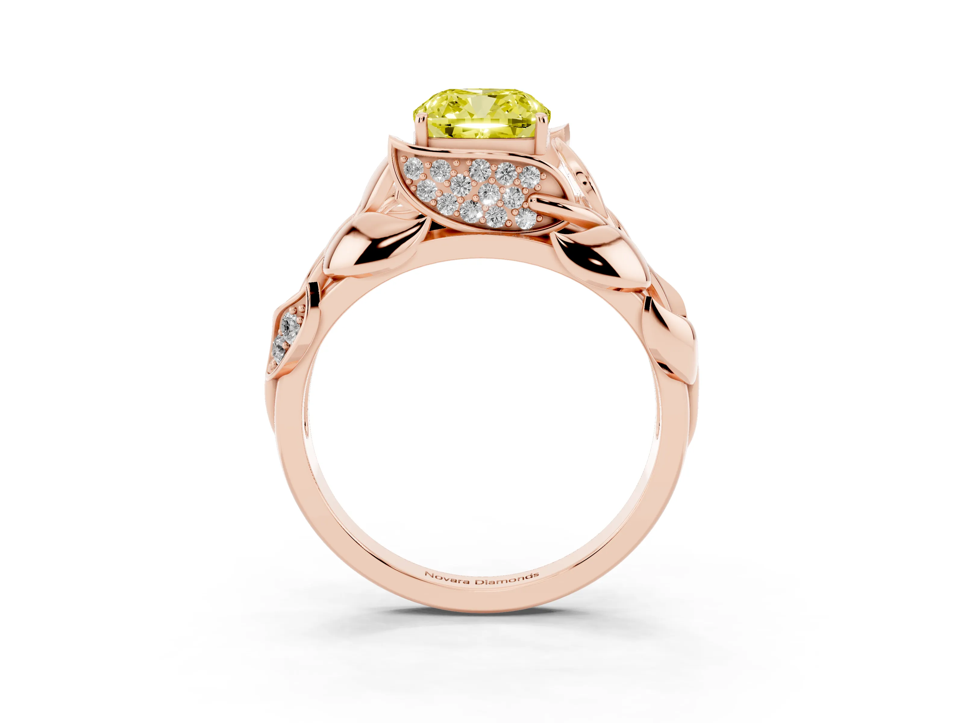 Fancy Yellow Cushion Cut Diamond Leaf-Inspired Engagement Ring Set in Rose gold with Round Accents