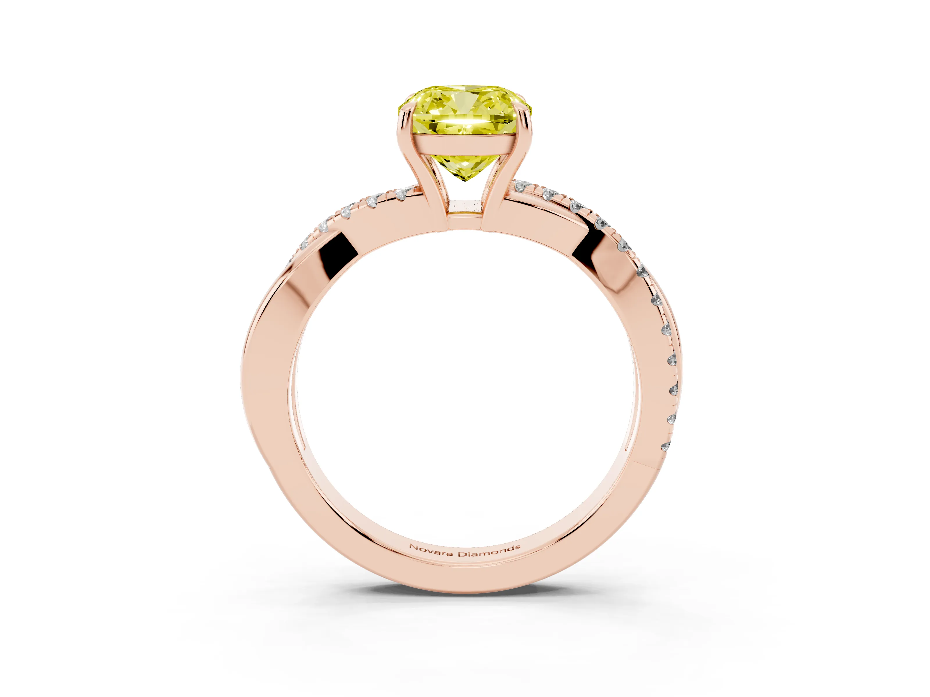 Fancy Yellow Cushion Cut Diamond Twisted Pavé Band Ring Set in Rose gold with Prong Setting