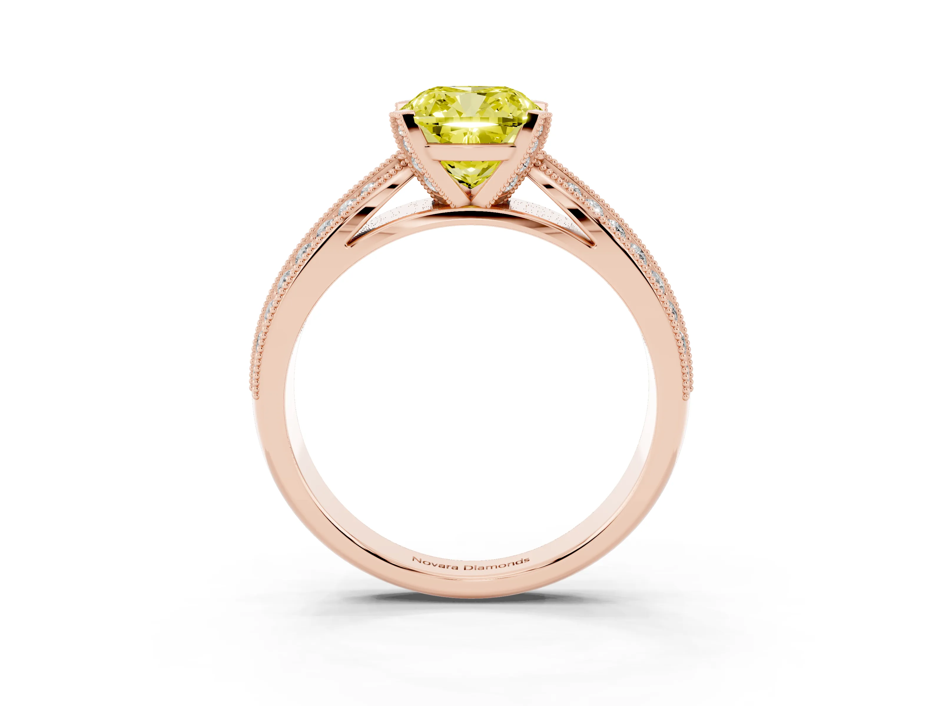 Fancy Yellow Cushion Cut Diamond Solitaire Ring Set in Rose gold with Milgrain Double Row Round Pavé Band