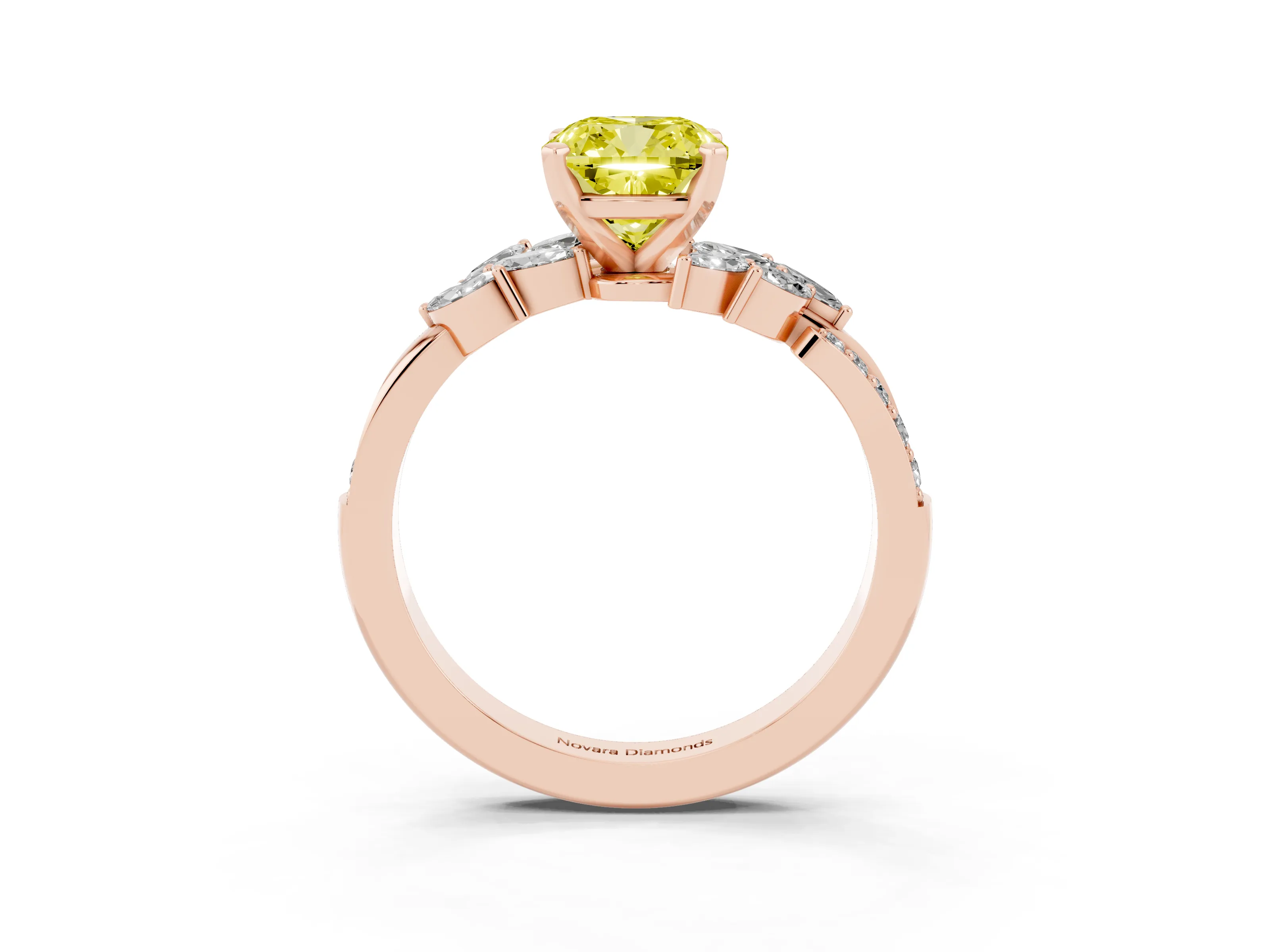 Fancy Yellow Cushion Cut Diamond Solitaire Ring Set in Rose gold with Marquise Twist Band and Prong Setting