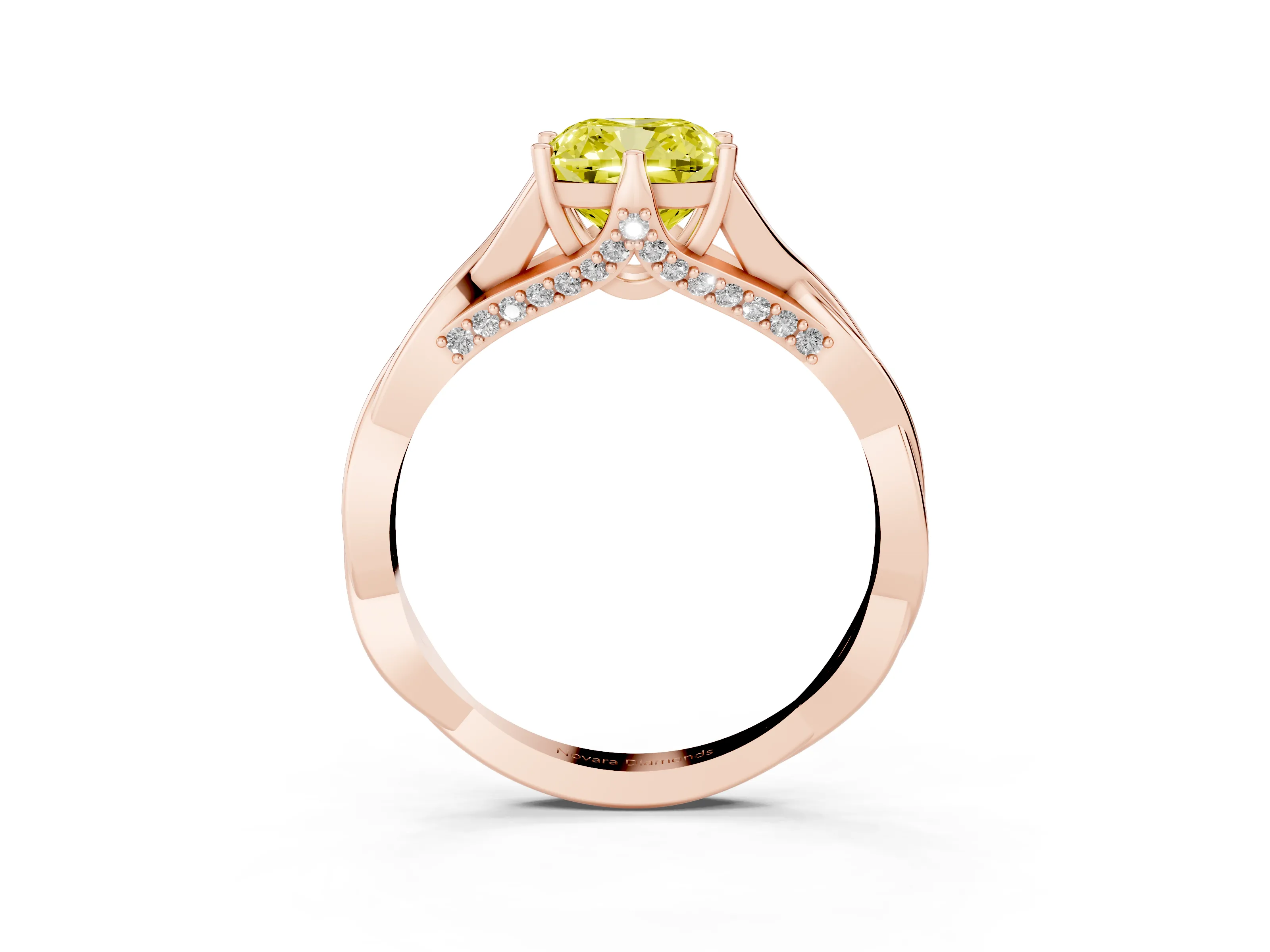 Fancy Yellow Cushion Cut Diamond Intertwined Twist Band Solitaire Ring Set in Rose gold with Prong Setting