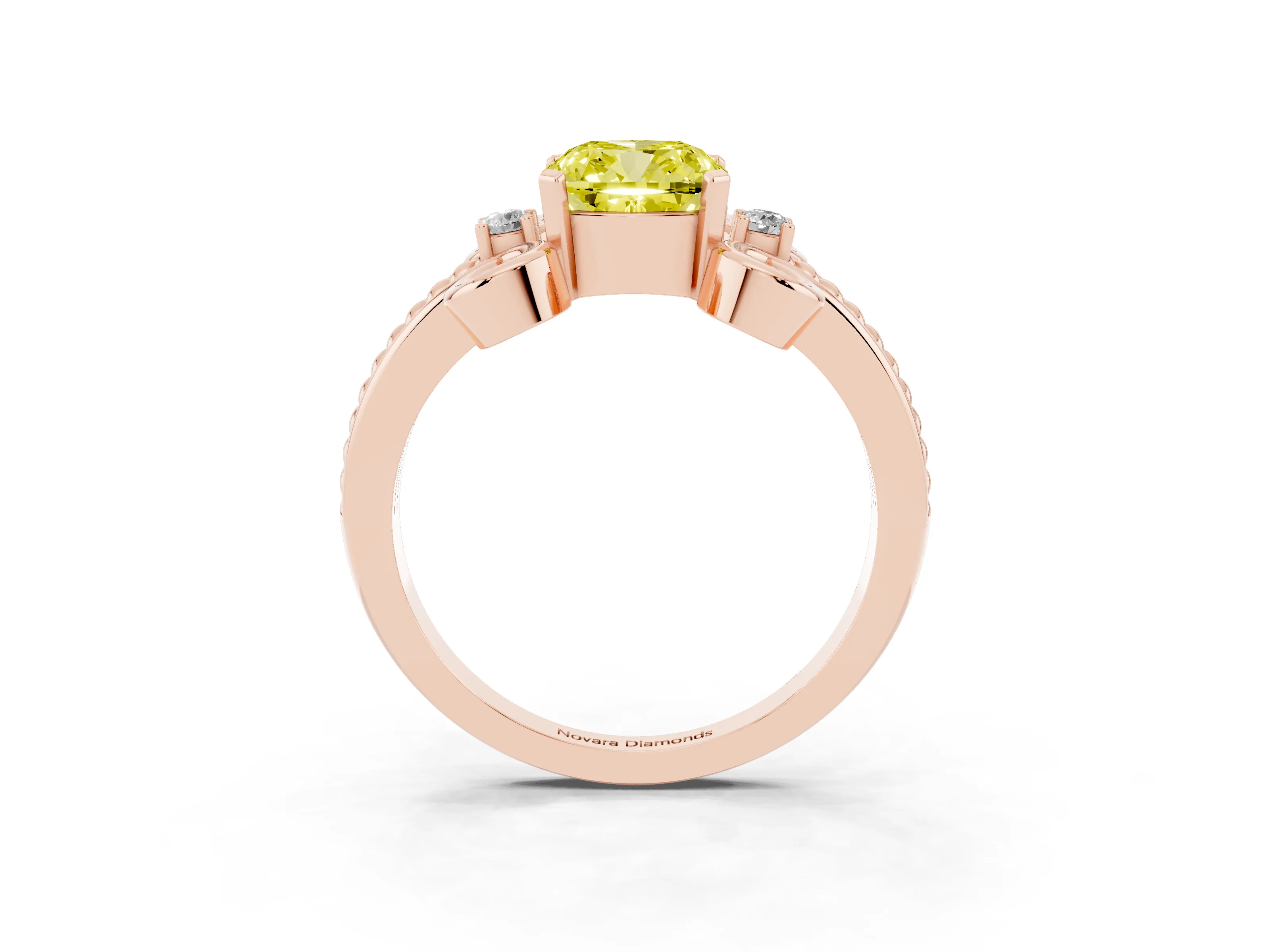 Fancy Yellow Cushion Cut Diamond Twisted Band Solitaire Ring Set in Rose gold with Scroll Prongs