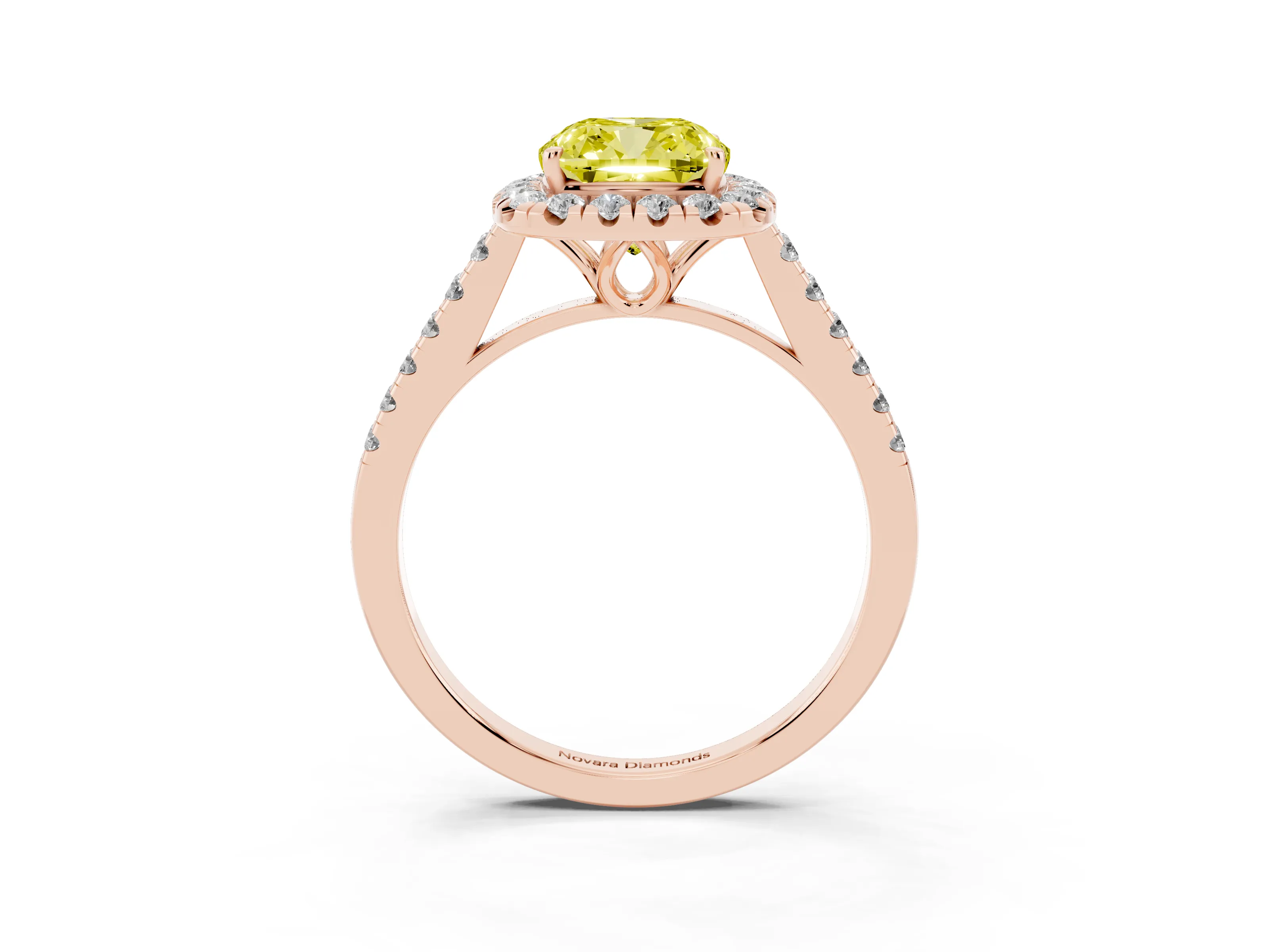 Fancy Yellow Cushion Cut Diamond Pavé Halo Engagement Ring Set in Rose gold with Pavé Band and Prong Setting