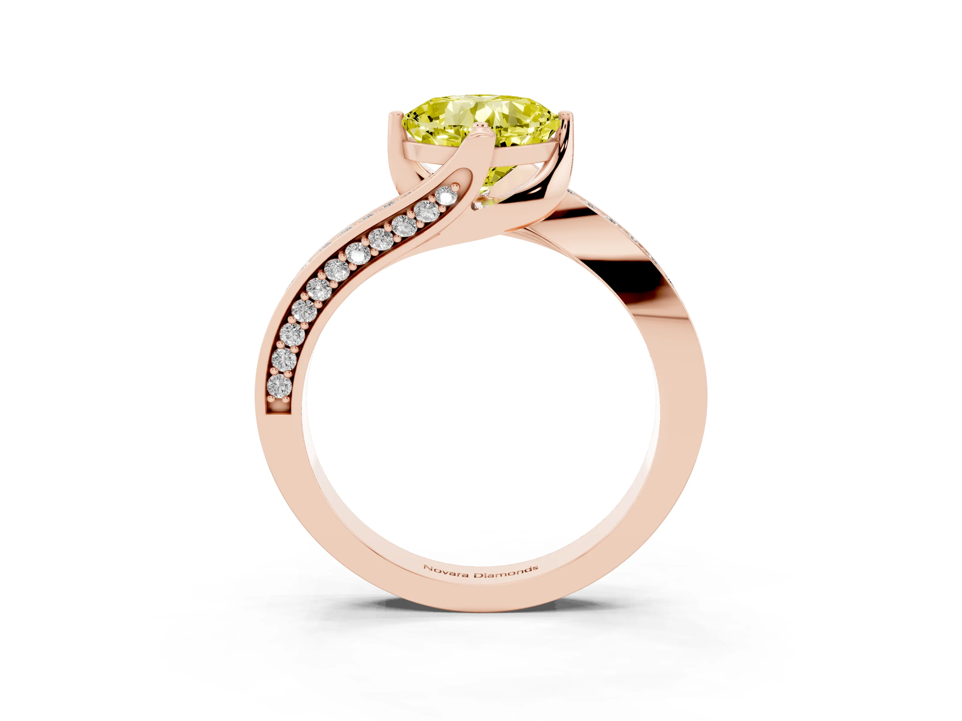 Fancy Yellow Cushion Cut Diamond Solitaire Ring Set in Rose gold with Intertwined Pavé Twist Band