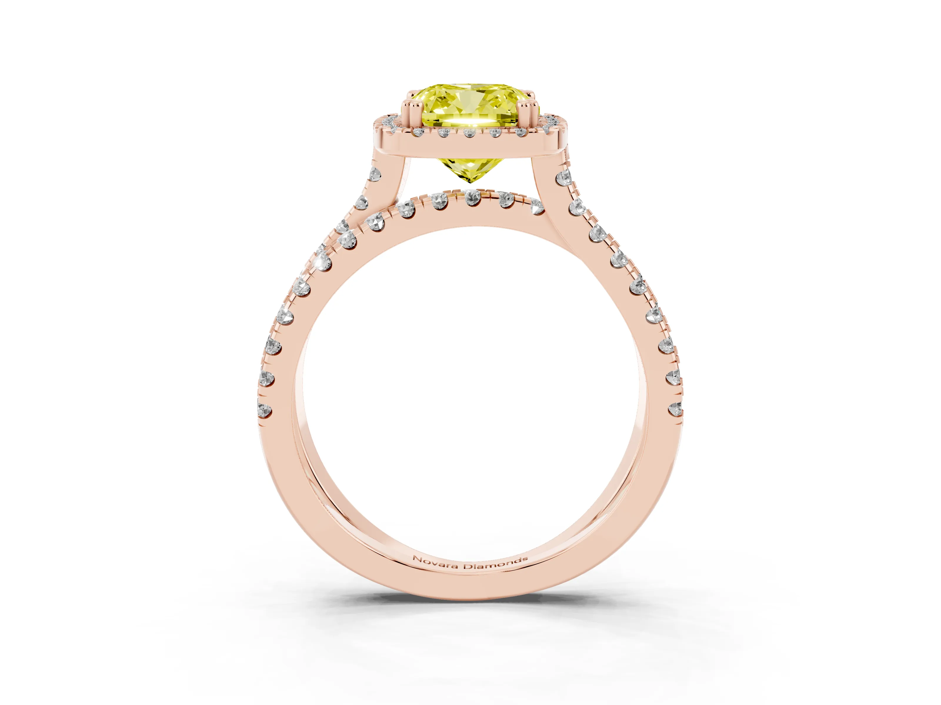 Fancy Yellow Cushion Cut Diamond Halo Split Shank Ring Set in Rose gold with Pavé Setting