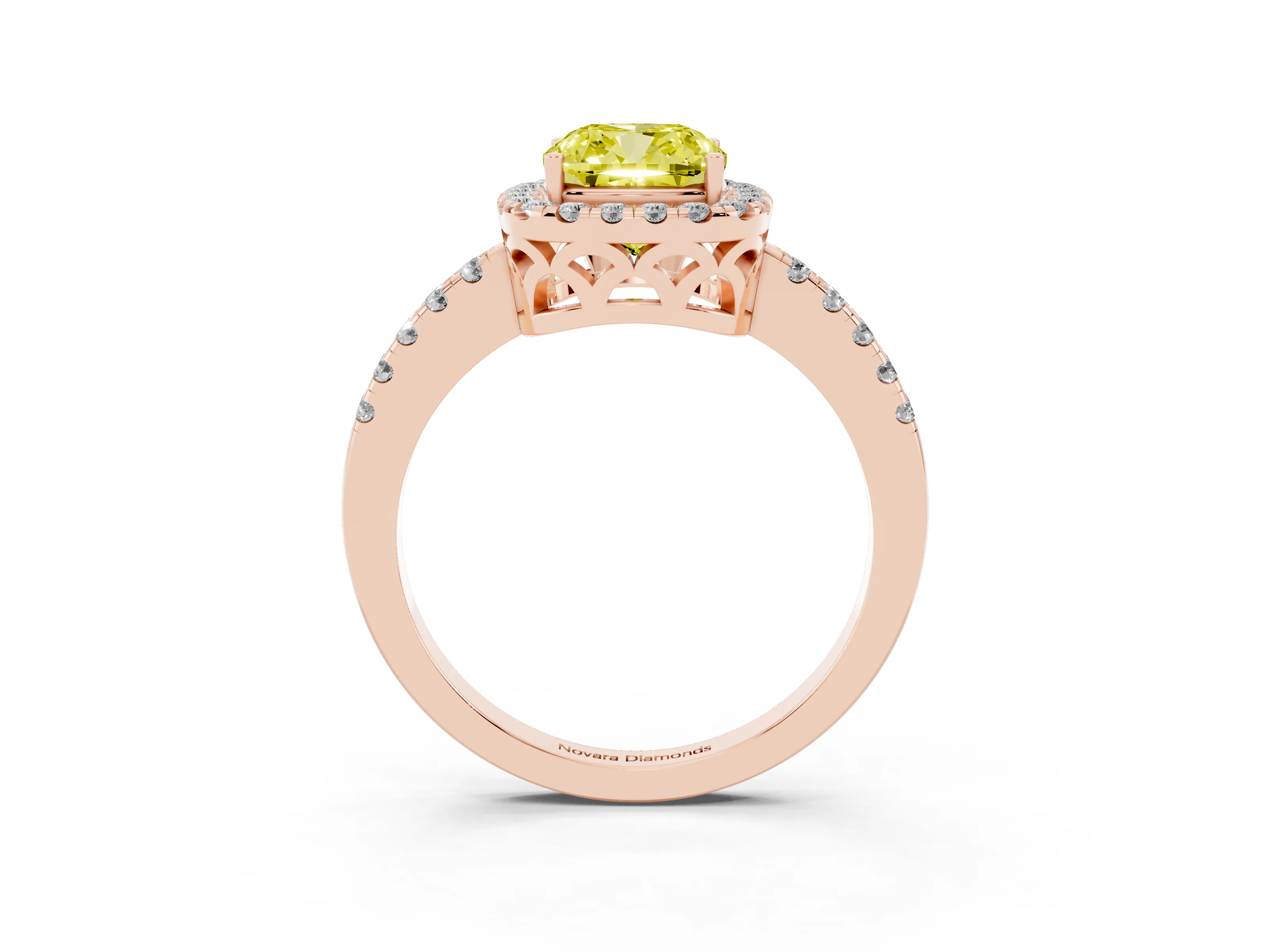 Fancy Yellow Cushion Cut Diamond Pavé Band Halo Engagement Ring Set in Rose gold with Prong Setting