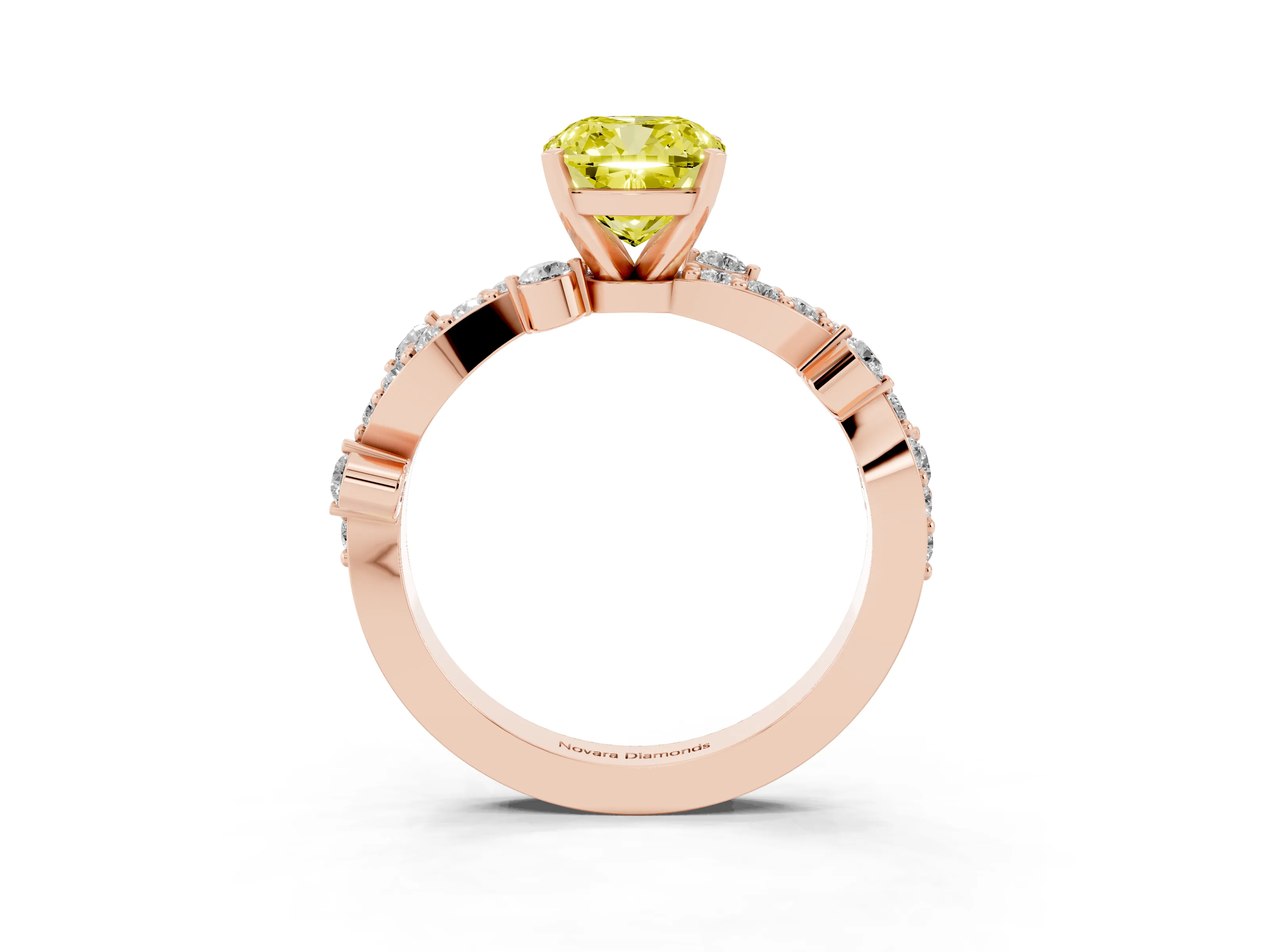 Fancy Yellow Cushion Cut Diamond Solitaire Twisted Band Set in Rose gold with Pavé Setting