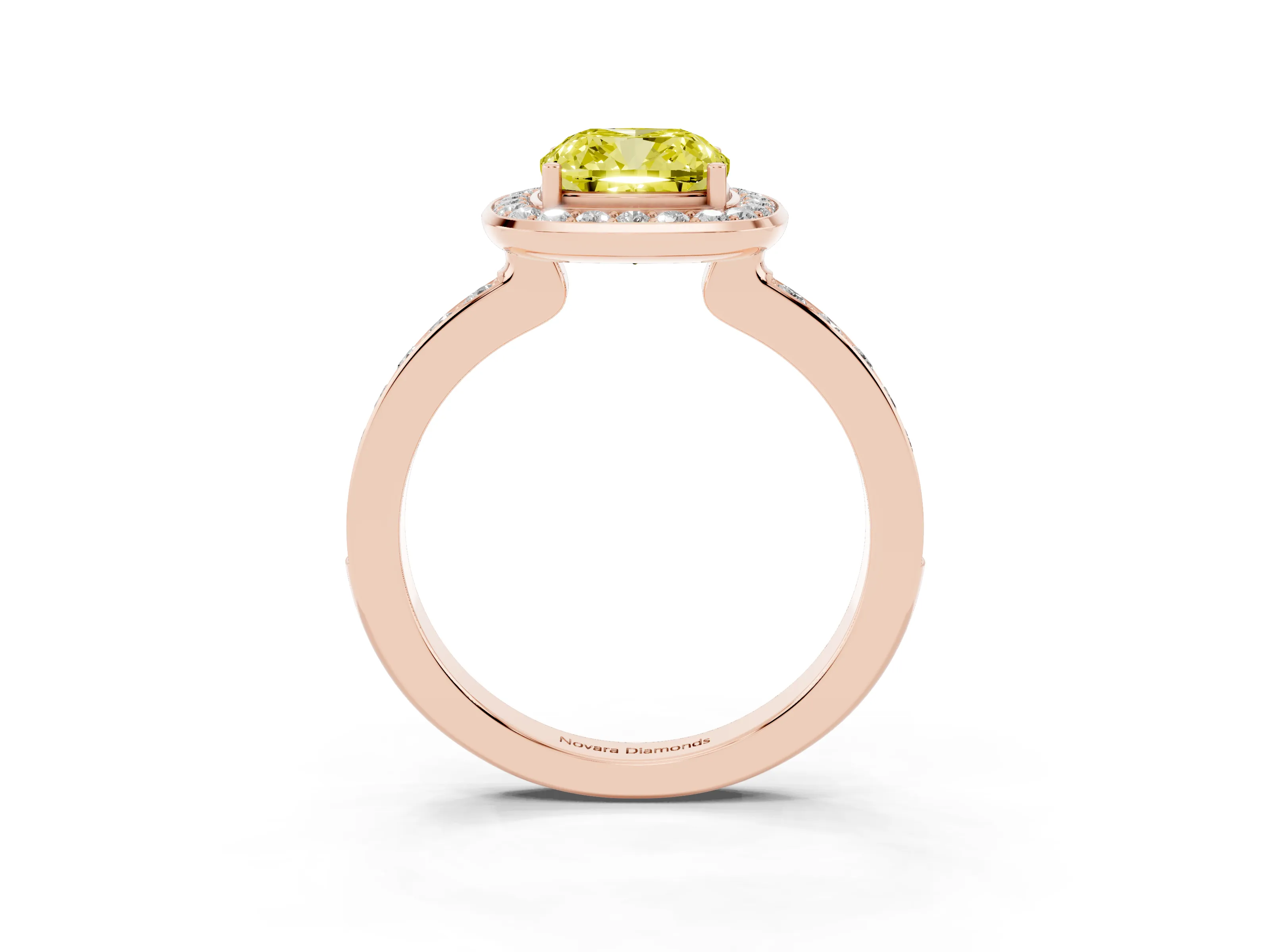 Fancy Yellow Cushion Cut Diamond Halo Ring Set in Rose gold with Bezel Frame and Pavé Band