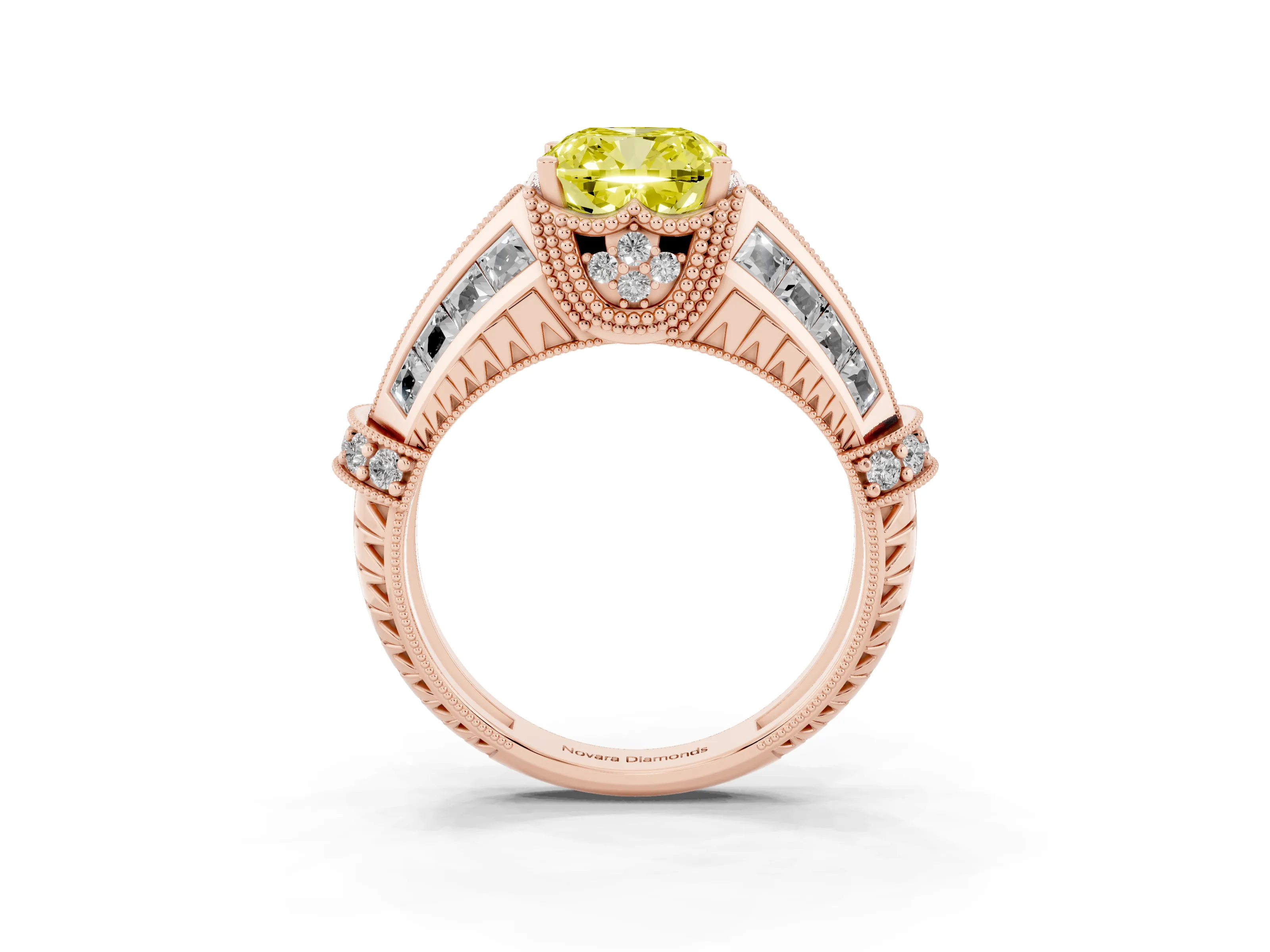 Fancy Yellow Cushion Cut Diamond Vintage-Inspired Milgrain Ring Set in Rose gold with Accent Split Shank