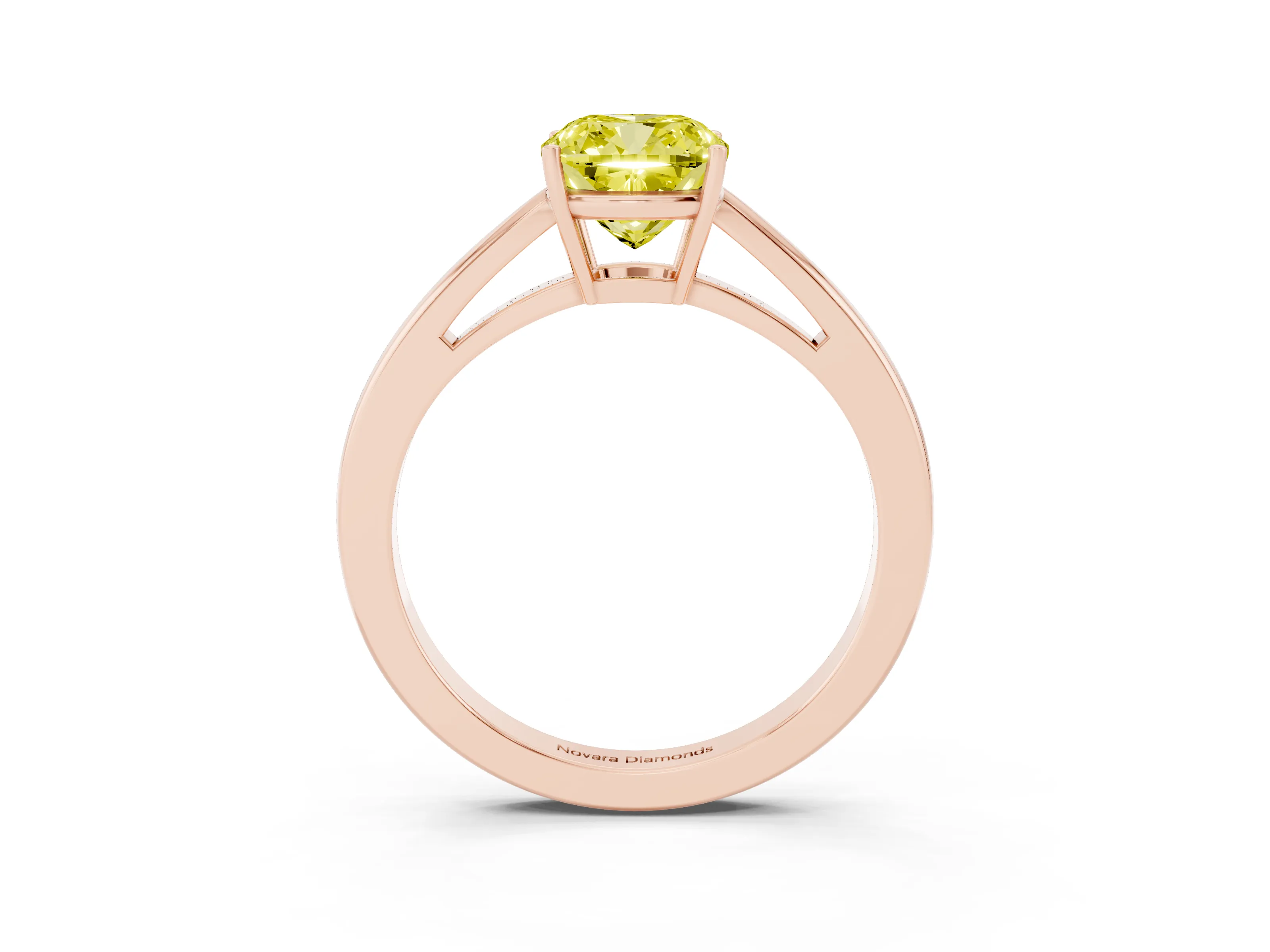 Fancy Yellow Cushion Cut Diamond Solitaire Ring Set in Rose gold with Split Shank and Prong Setting