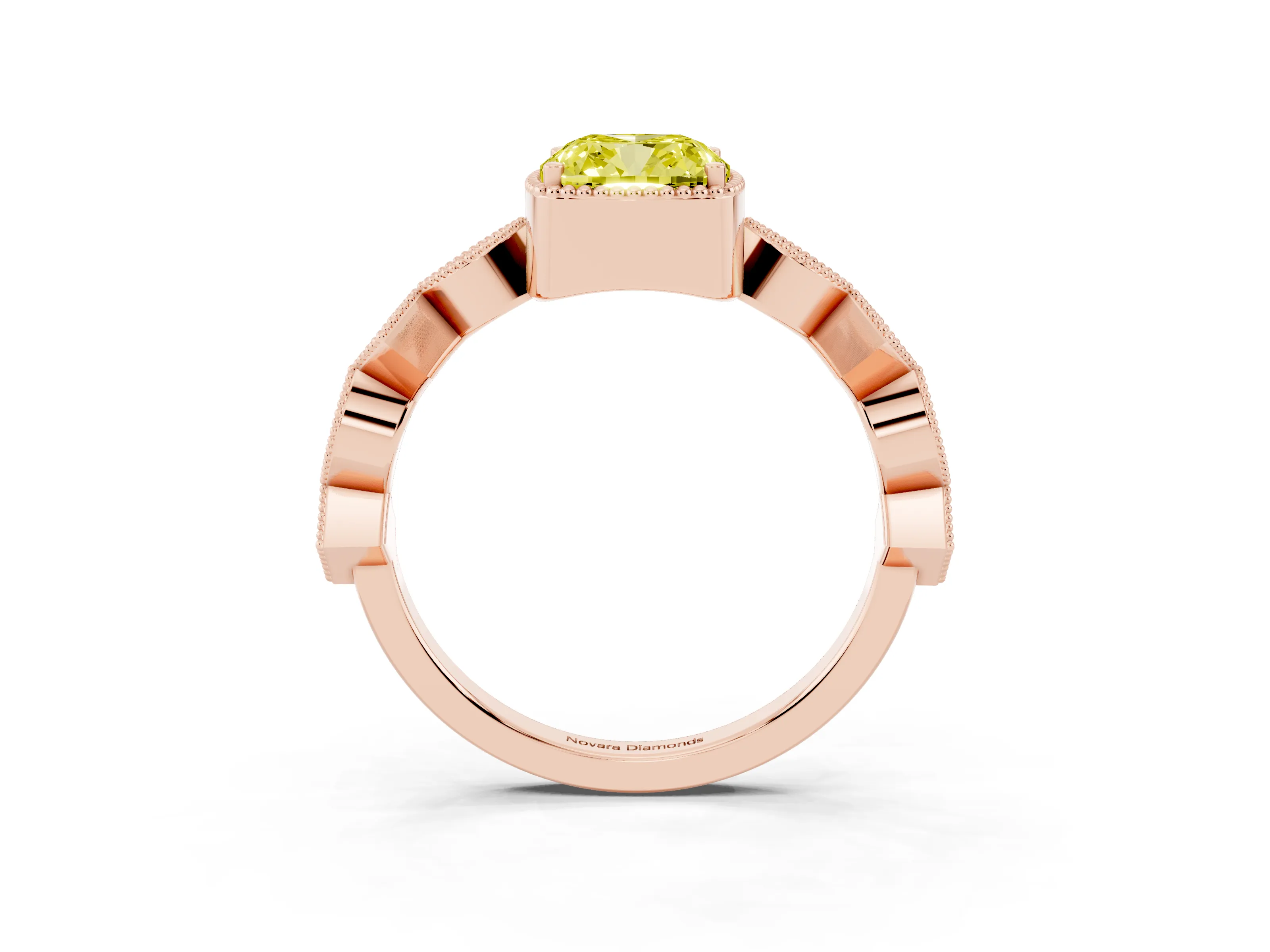 Fancy Yellow Cushion Cut Diamond Milgrain Marquise Twist Band Ring Set in Rose gold with Prong Setting