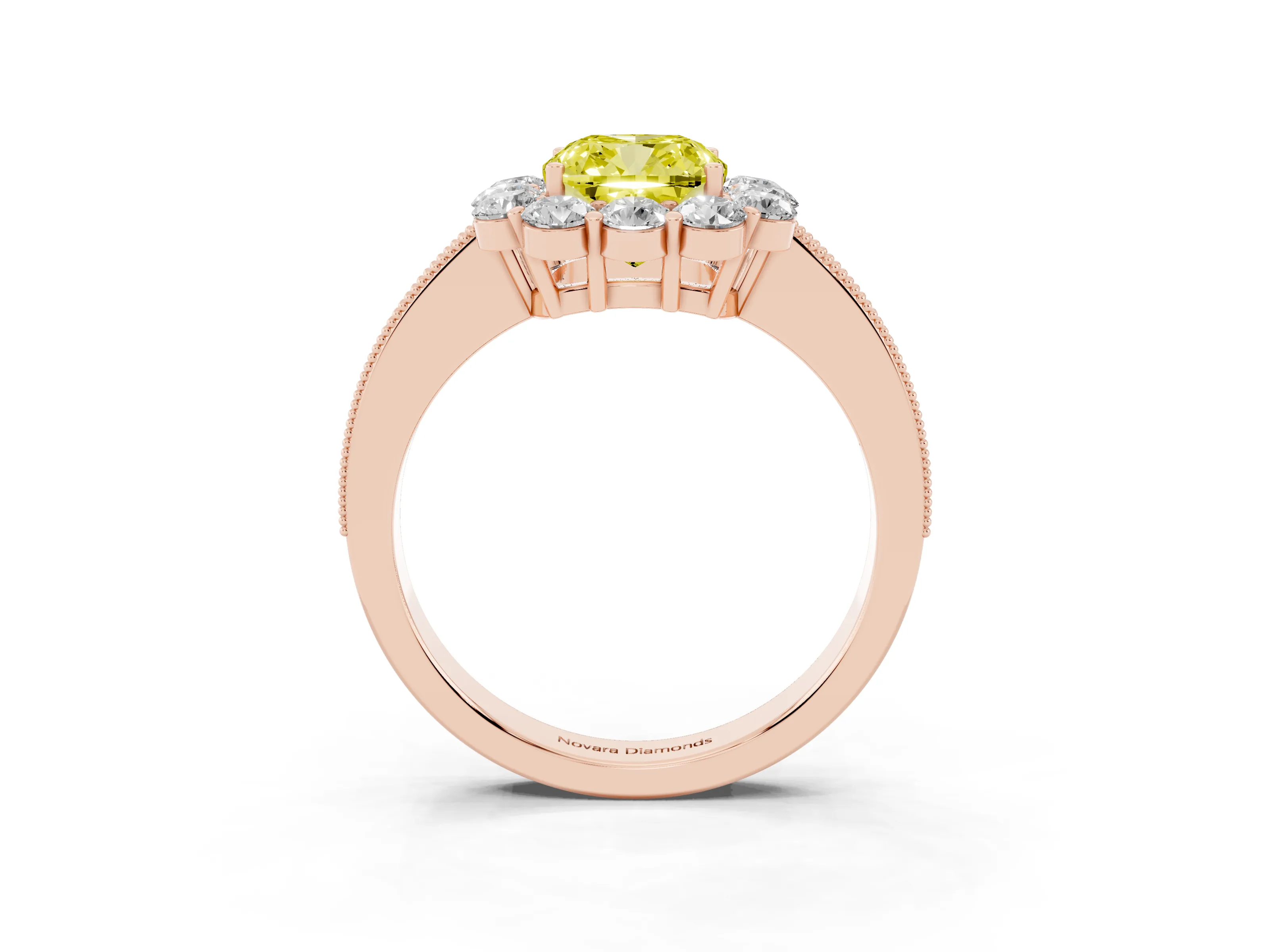 Fancy Yellow Cushion Cut Diamond Halo Pavé Engagement Ring Set in Rose gold with Milgrain Detailing
