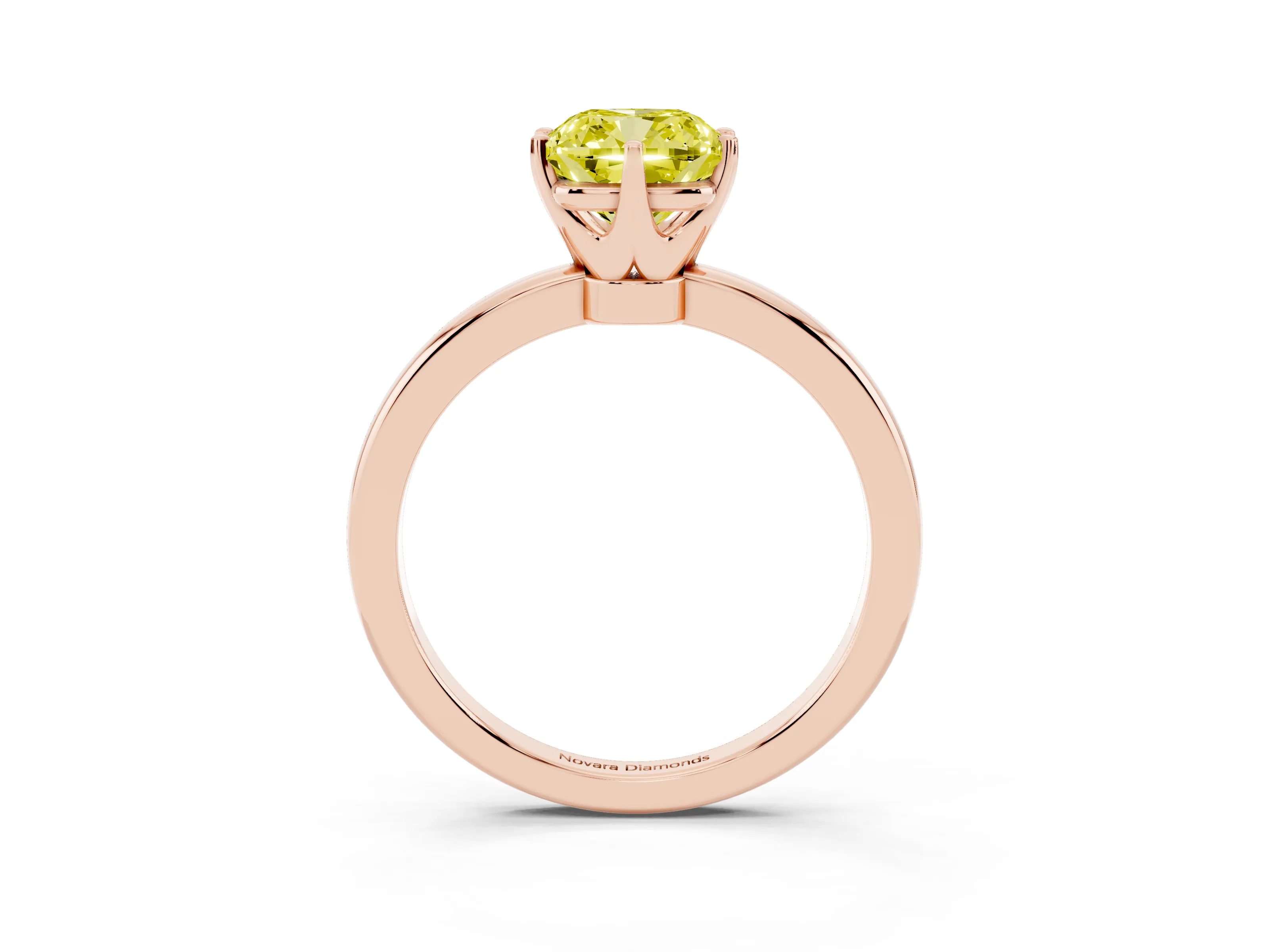 Fancy Yellow Cushion Cut Diamond Solitaire Ring Set in Rose gold with Raised Prong Setting on a Classic Band