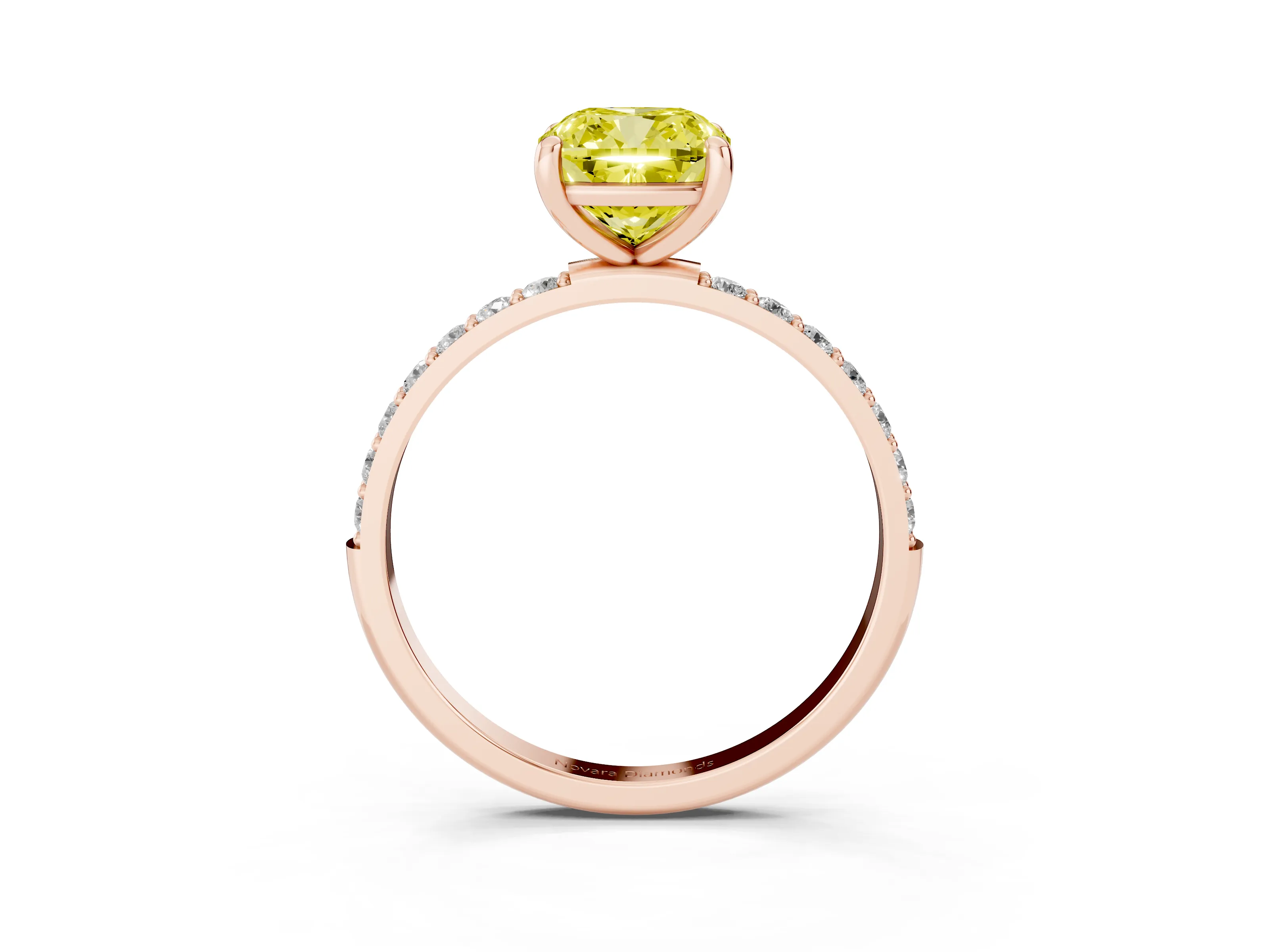 Fancy Yellow Cushion Cut Diamond Solitaire Ring Set in Rose gold with Round Pavé Band and Prong Setting