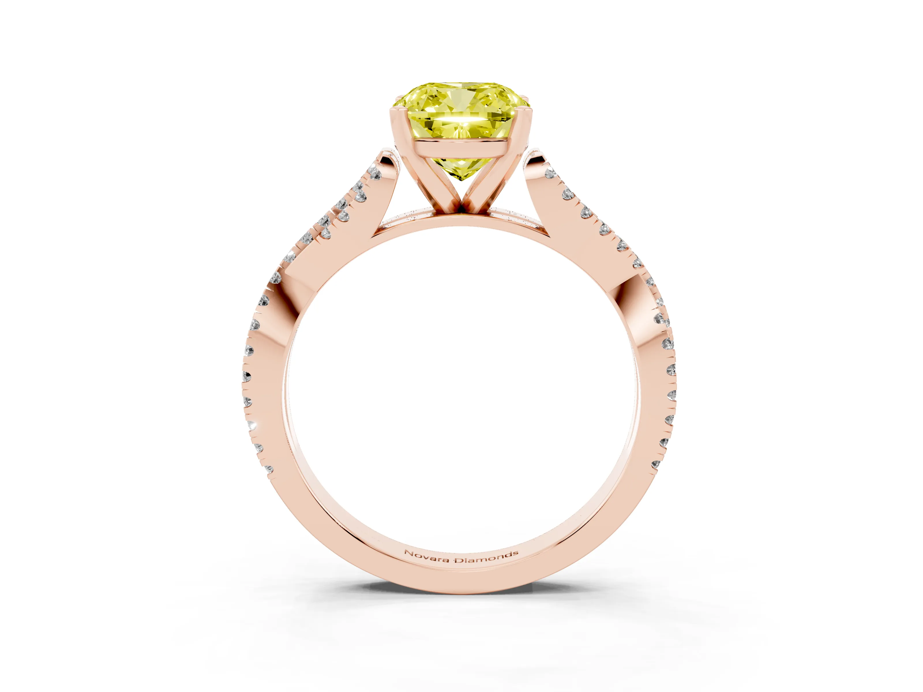 Fancy Yellow Cushion Cut Diamond Solitaire Engagement Ring Set in Rose gold with Twisted Pavé Band and Prong Setting