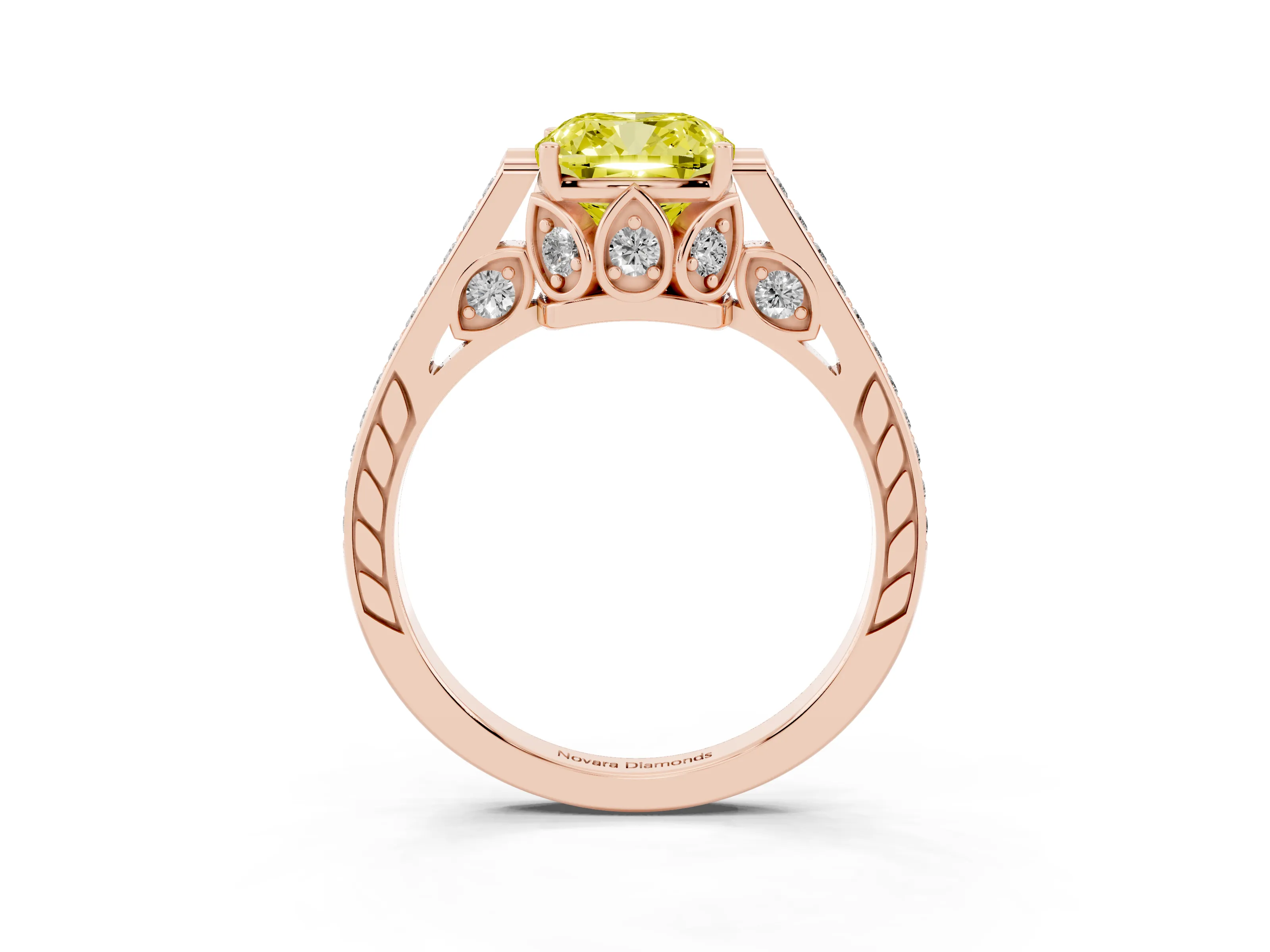Fancy Yellow Cushion Cut Diamond Cathedral Pavé Engagement Ring Set in Rose gold with Prong Setting